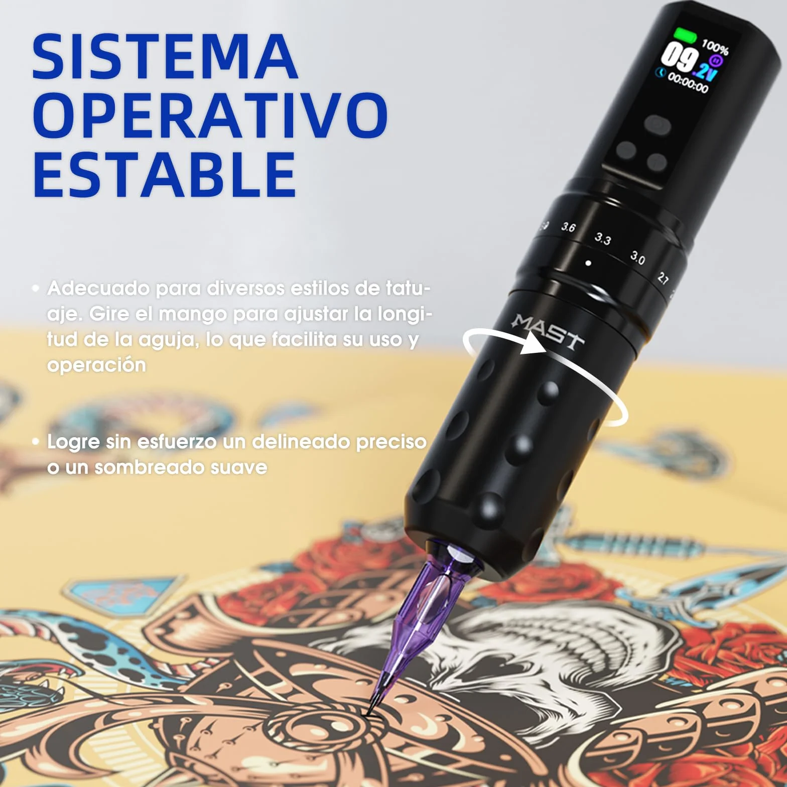 Mast Fold2 Pro Máquina de tatuaje inalámbrica pluma Máquina de tatuaje rotativa Pistola de tatuaje 7 golpes Longitud 2pcs Batería 2000mAh Motor poderoso por Mcore Pantalla de pantalla inteligente Rosa