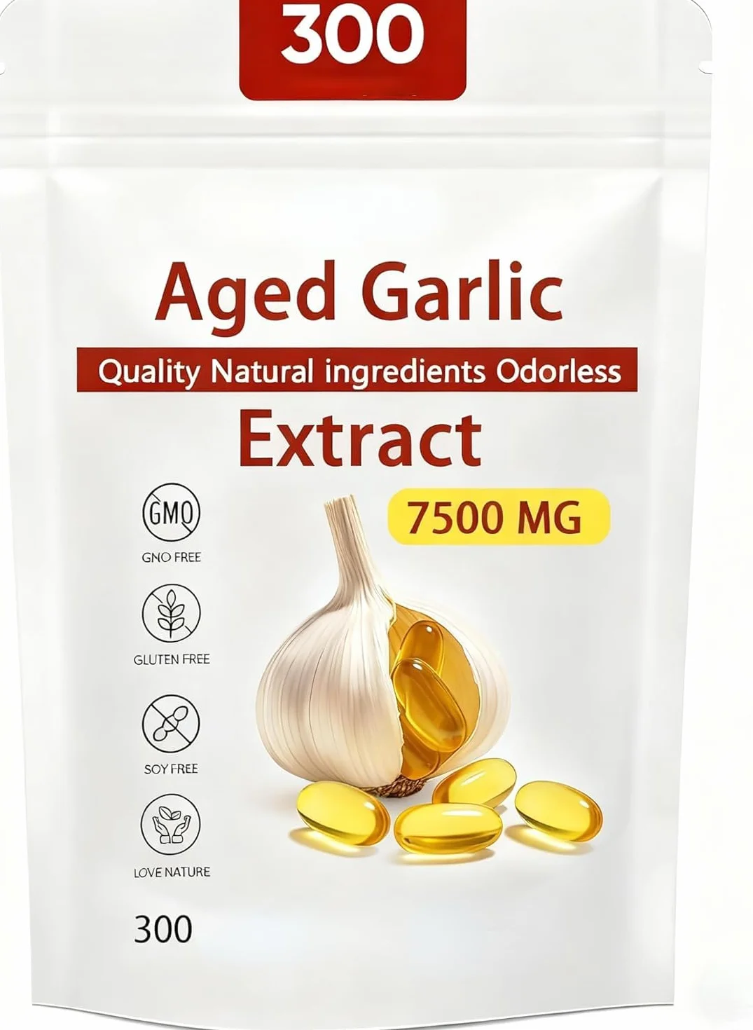 Aged Garlic Extract - 7500mg Odorless Organic Garlic Extract, Vegetarian, Non-GMO, 300pcs ,300pcs