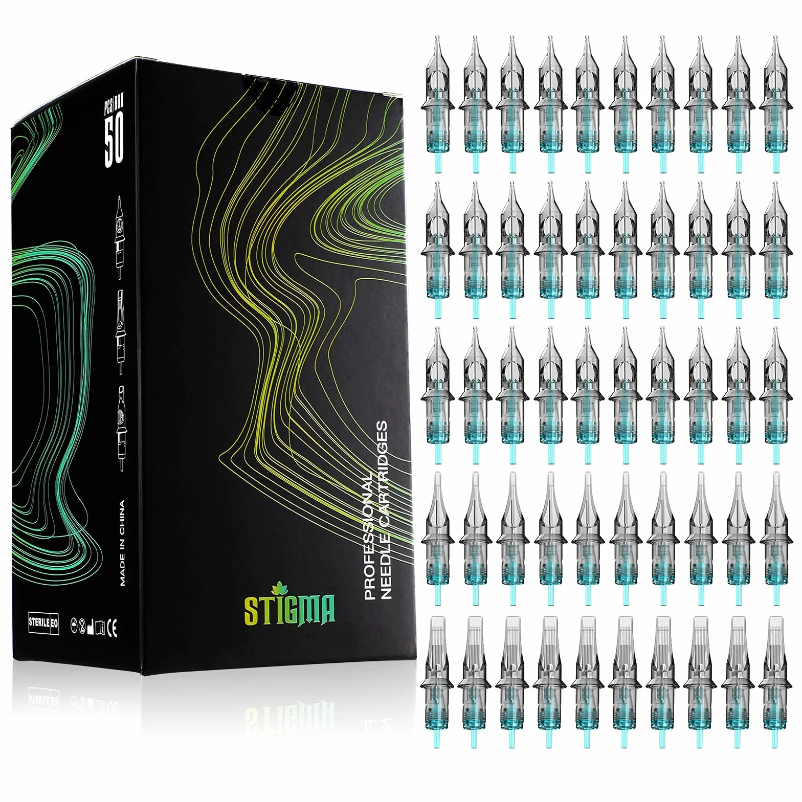STIGMA Cartuchos de Tatuaje Aguja para Tatuar #12 Modelo Mezclado RL+RM (1203RL 1205RL 1207RL 1209RM 1215RM) Standard Tattoo Cartridge Needles Estándar 0.35mm Desechable con Membrana EN02B-50KIT-X