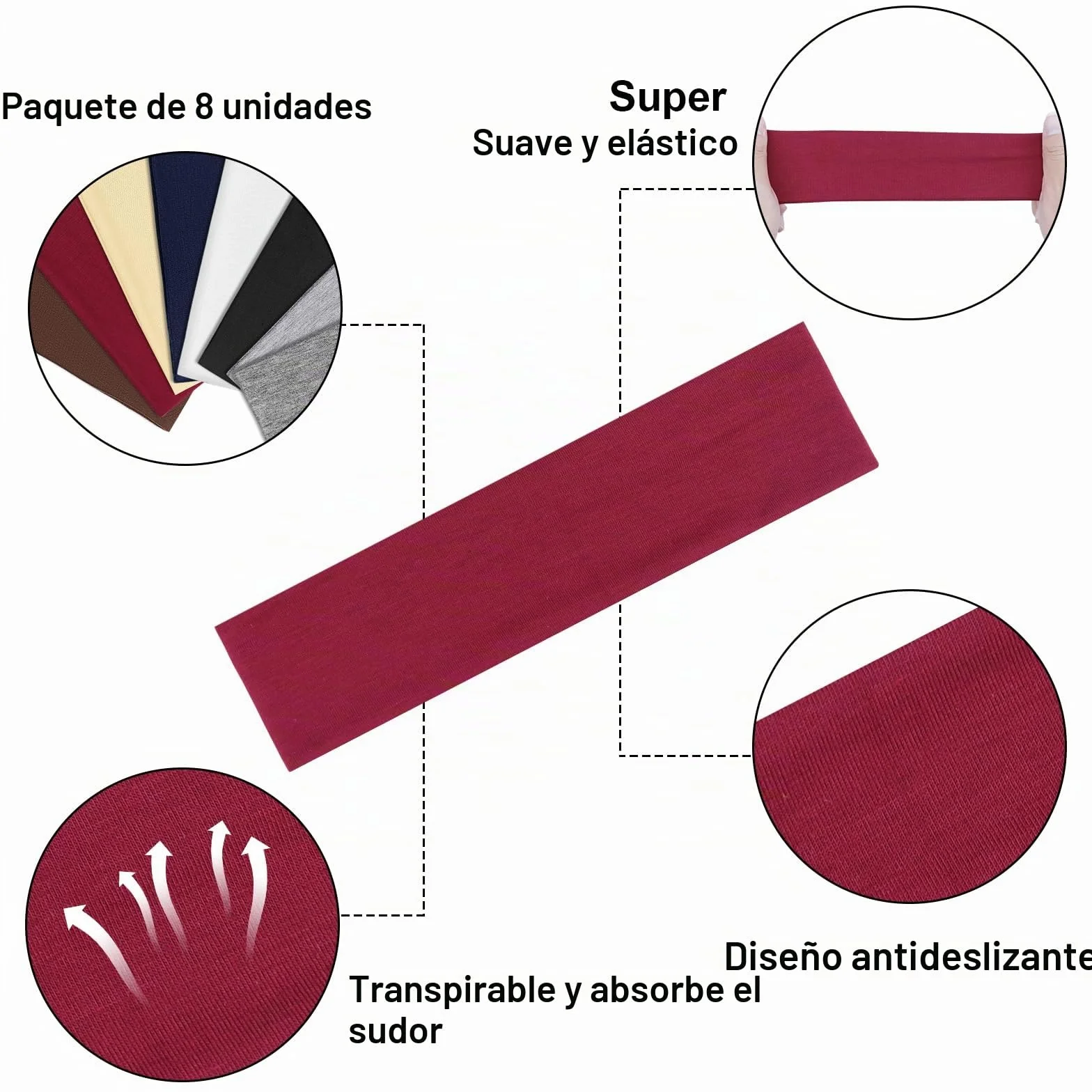 Cinta Pelo Deporte Elástica Antideslizante 8 Pcs Diadema para Mujer y Hombre