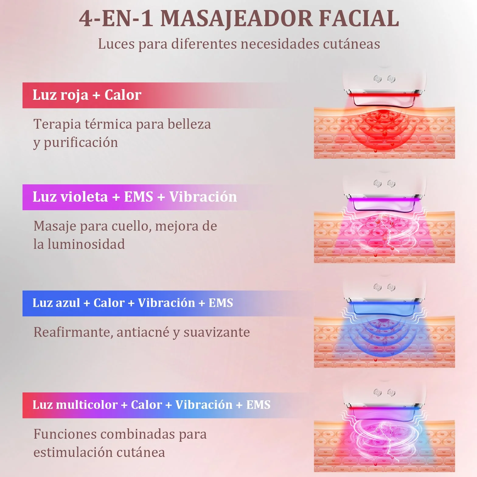 Masajeador Facial Antiarrugas Electrico 4 Modos 3 LED 45℃ EMS Lifting 9 Niveles Vibración Reductor de Papada