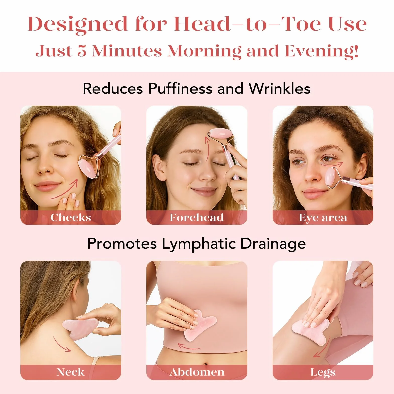 BAIMEI Gua Sha & Jade Roller, Cuarzo Rosa GuaSha, Masajeador Facial para Mujeres