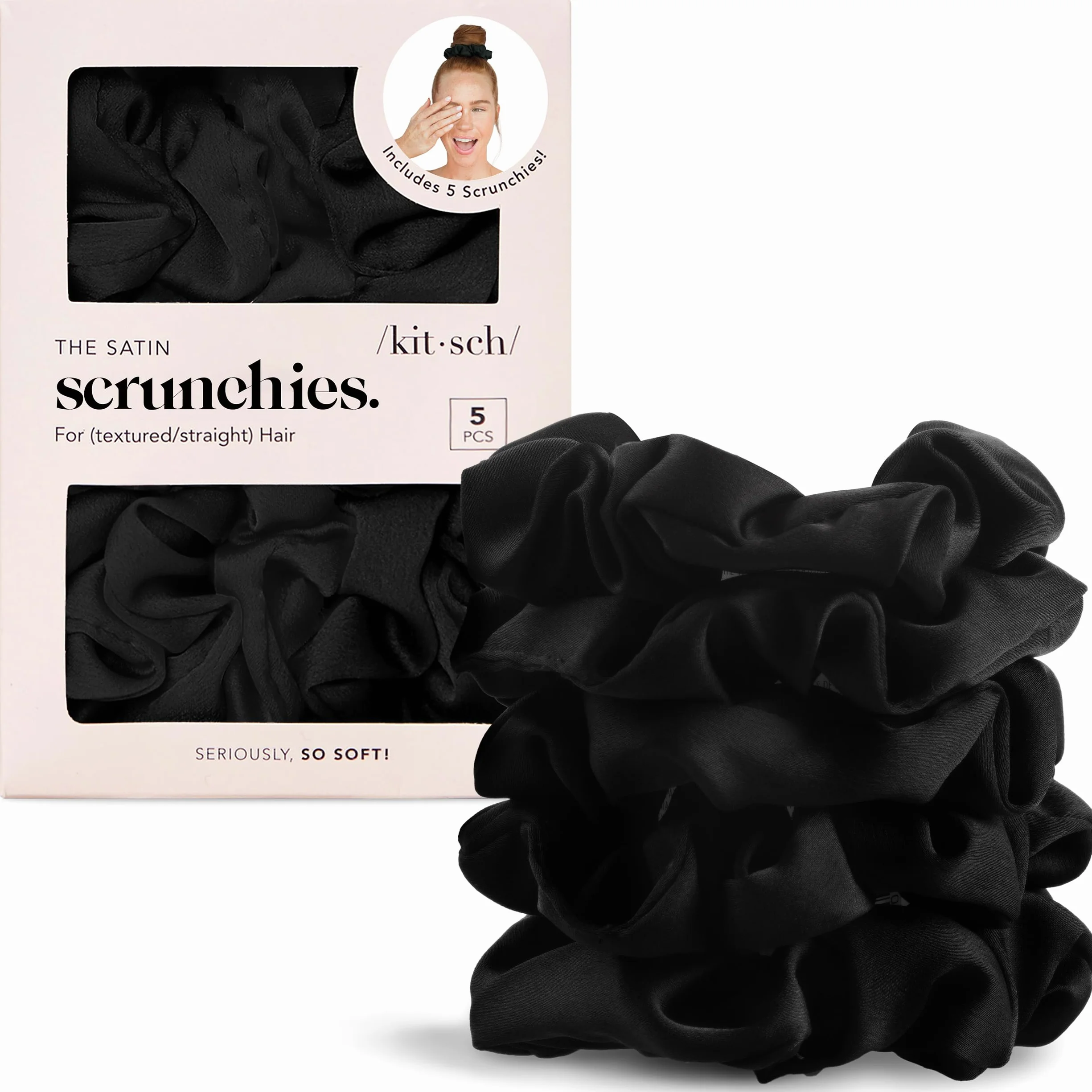 Kitsch 5 gomas de pelo de satén, antiencrespamiento y rotura, agarre suave, negras