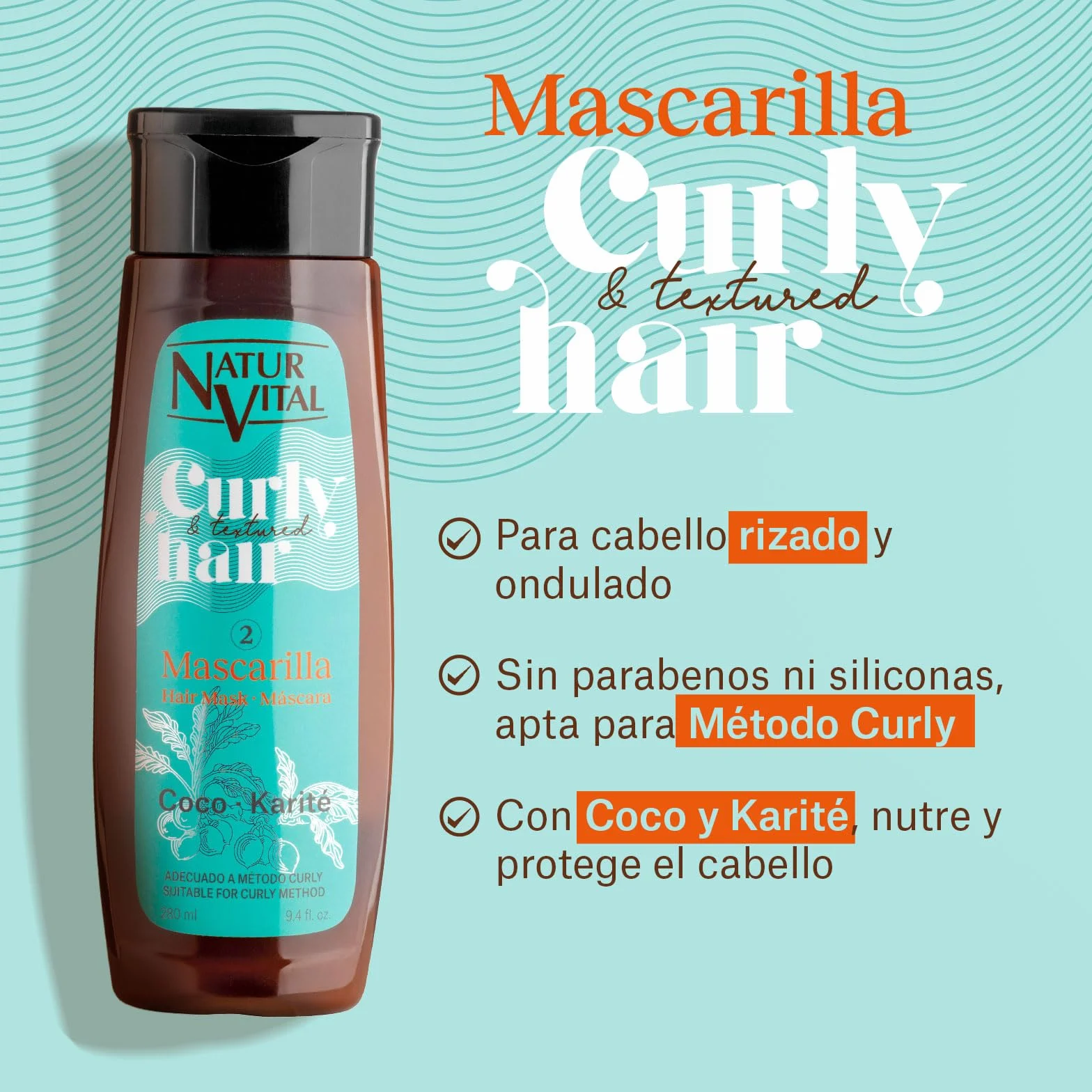 NaturVital Mascarilla Curly para Cabello Rizado 280ml con Coco y Karité Sin Silicona