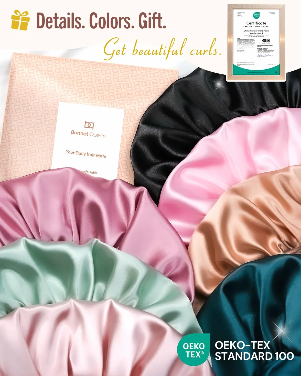 BONNET QUEEN Gorro de Seda para Dormir Ajustable Satin Pelo Rizado con Cintas Largo