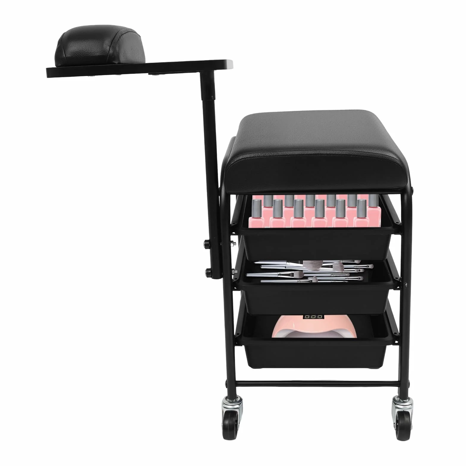 Silla de manicura con carrito extensible 3 cajones 360° soporta 75 kg negro
