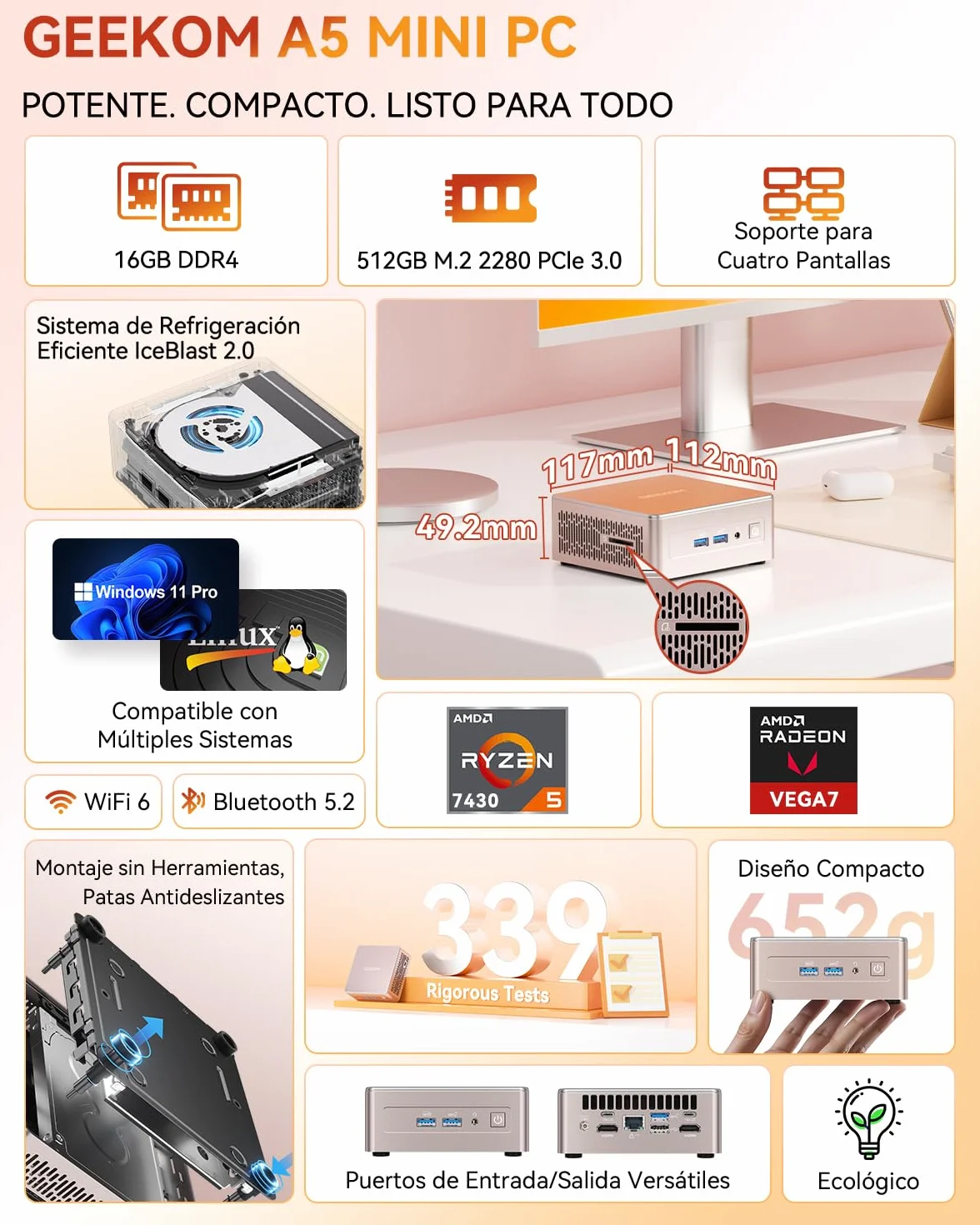 GEEKOM A5 Mini PC AMD Ryzen 5 7430U 16GB RAM 512GB SSD Windows 11 Pro 2×HDMI Lector SD