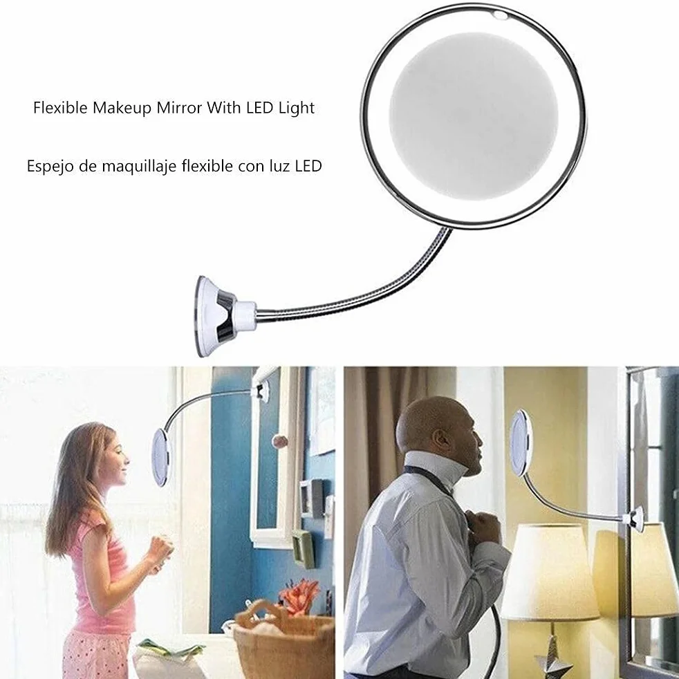 Yctze Espejo de Aumento 10X con Luz LED de Viaje, Cuello de Cisne Giratorio 360°, 14 Luces LED, Ventosa, Blanco