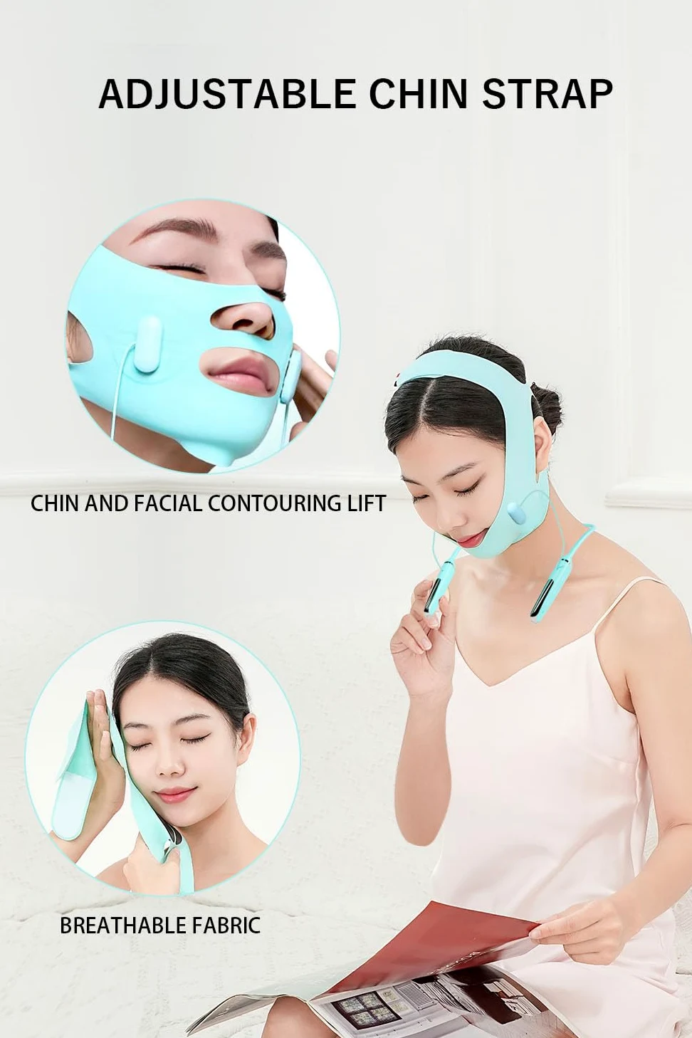 Cinturones faciales con correas ajustables, reductor de barbilla doble y dispositivo de elevación facial con 4 modos y 5 intensidades ajustables de engranajes, máquina inteligente de doble barbilla