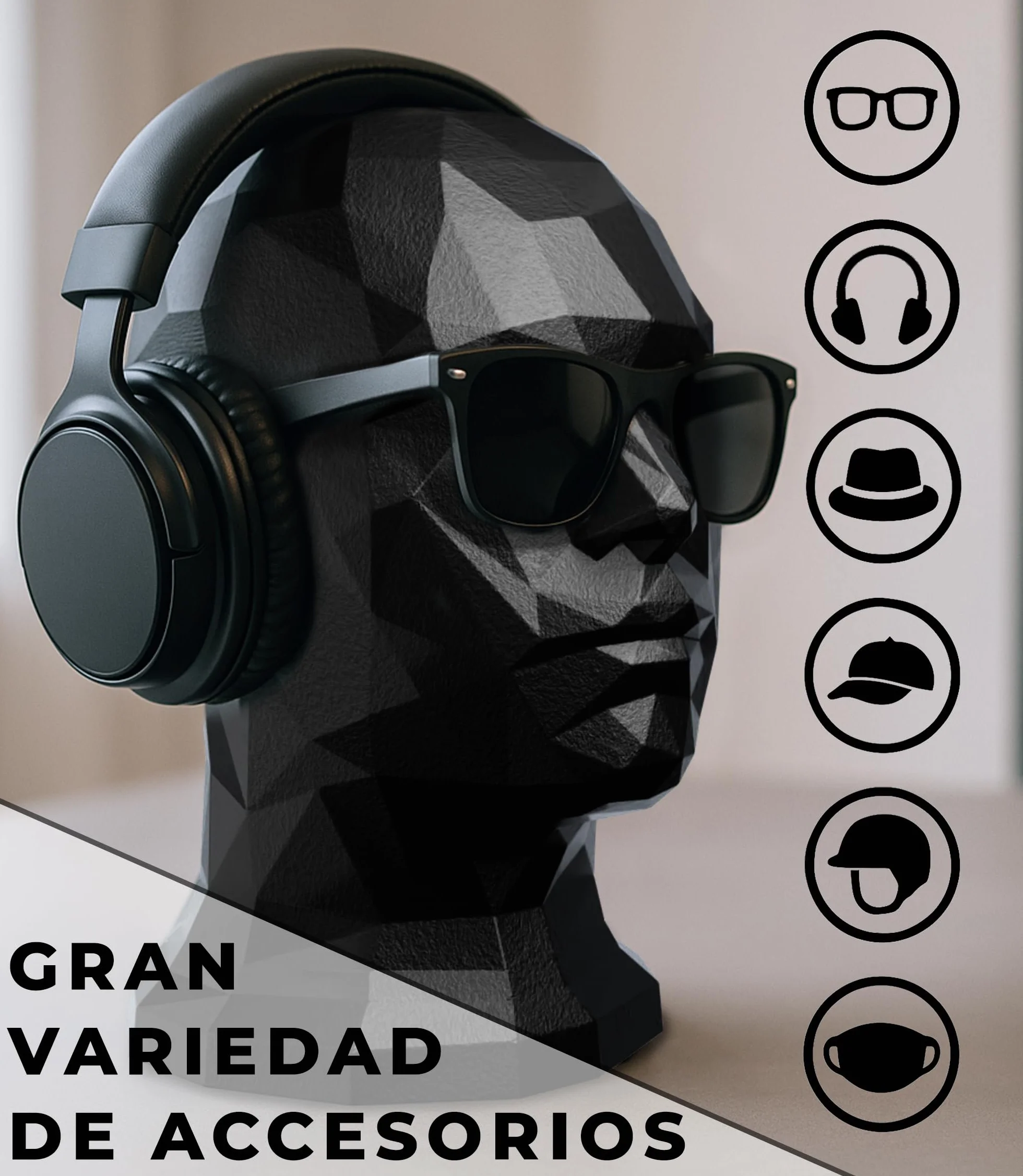 Maniquí Expositor Cabeza Hombre para Cascos Gorras Sombreros Gafas Auriculares Negro