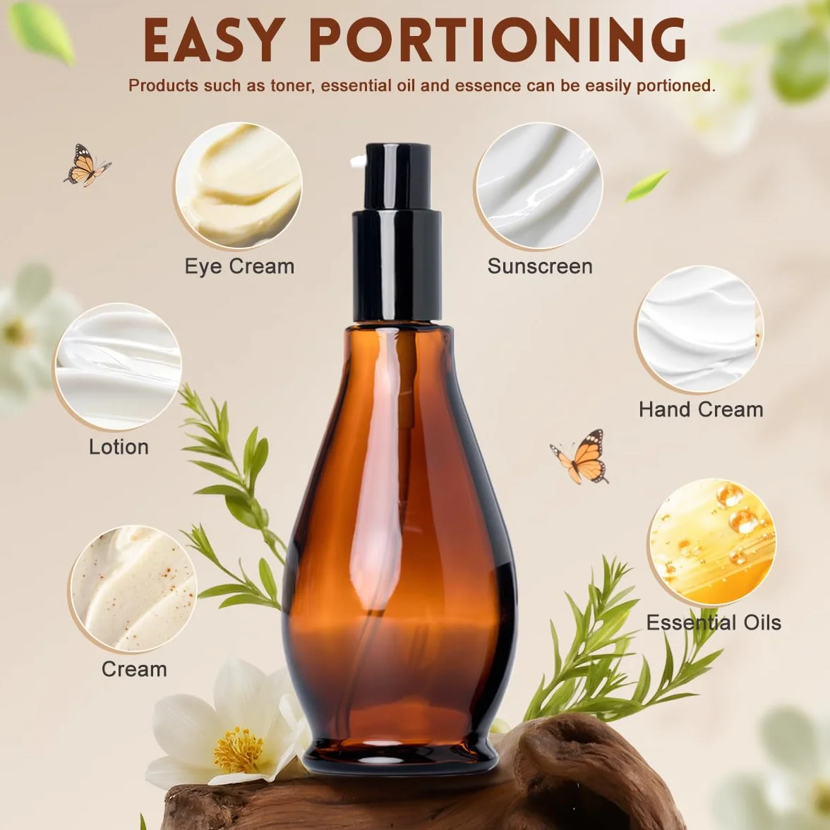 UPSTORE 2 botellas de cristal ámbar de 100 ml con dispensador de bomba de viaje con bomba negra para aceites esenciales, base, crema, champú, 2 unidades