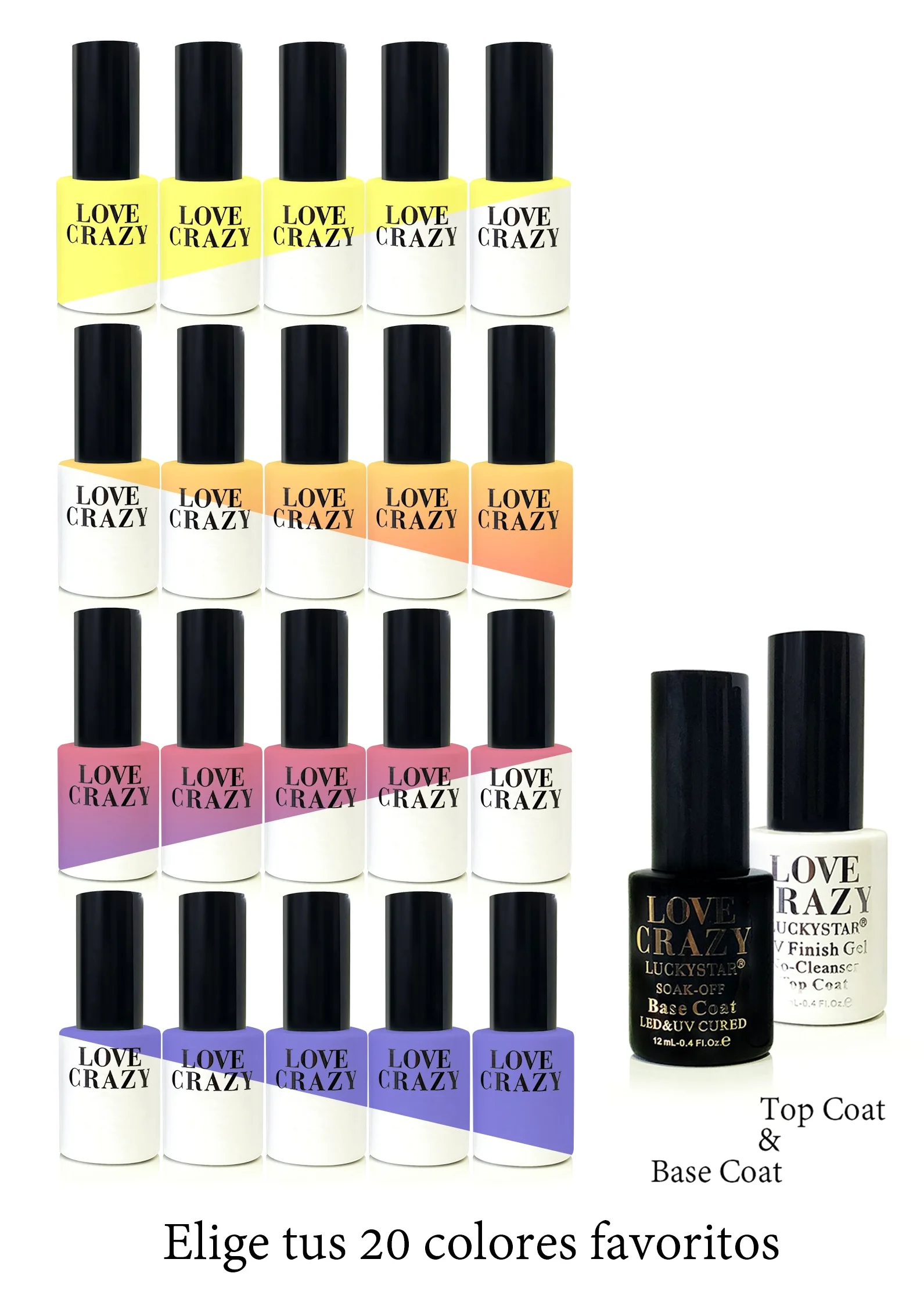 LOVECRAZY - Kit de Esmaltes de Uñas en Gel Semipermanente, 20 Colores de Esmaltes y Top Coat Base Coat
