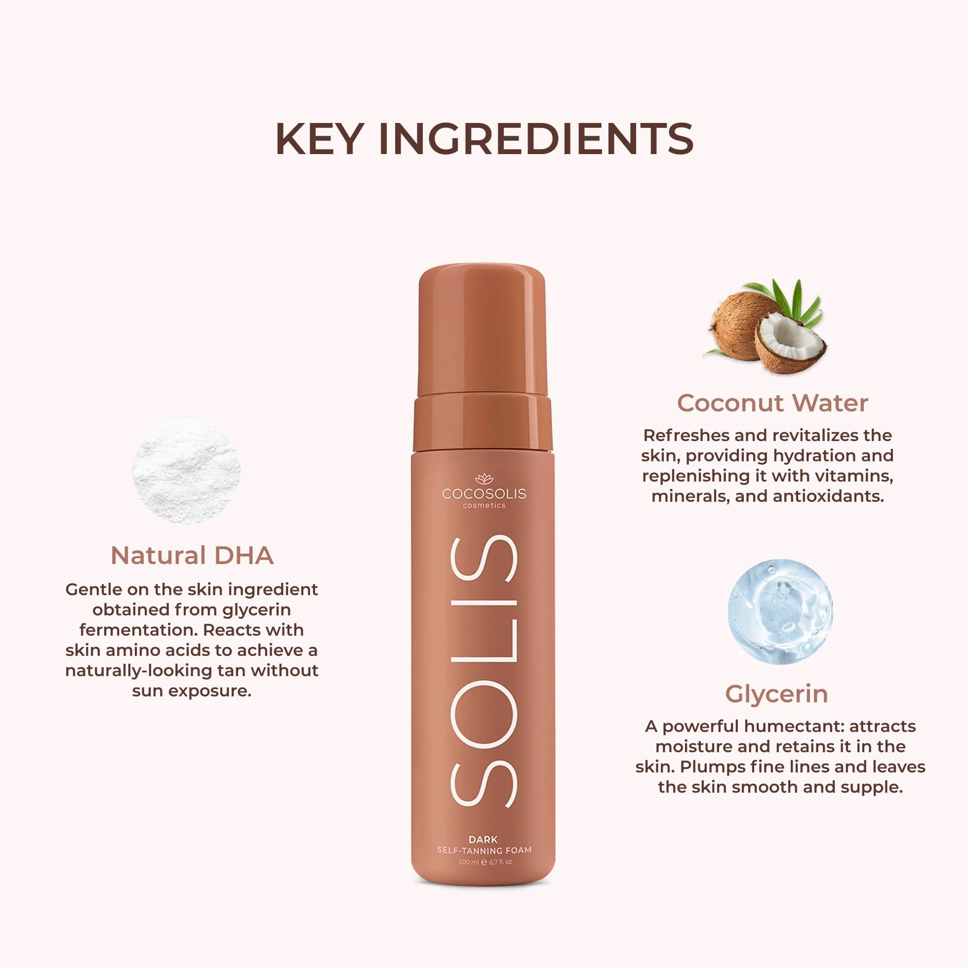 COCOSOLIS SOLIS Dark Loción autobronceadora para rostro y cuerpo, mousse para un bronceado intenso, natural y duradero, con DHA de origen vegetal (200 ml)