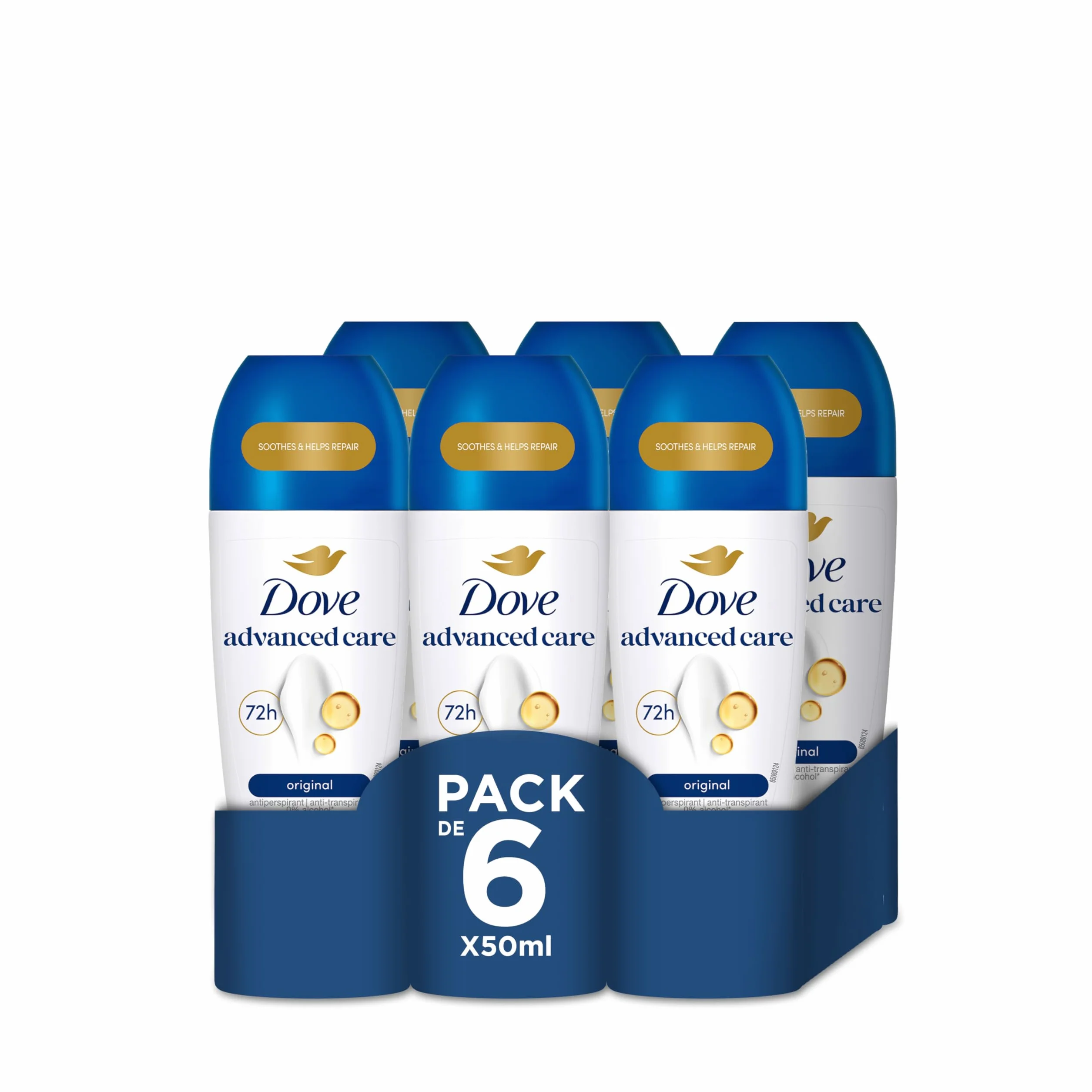Dove Advanced Care Desodorante Roll-On 48h Original Sin Alcohol Mujer Antitranspirante Pack 6 x 50 ml