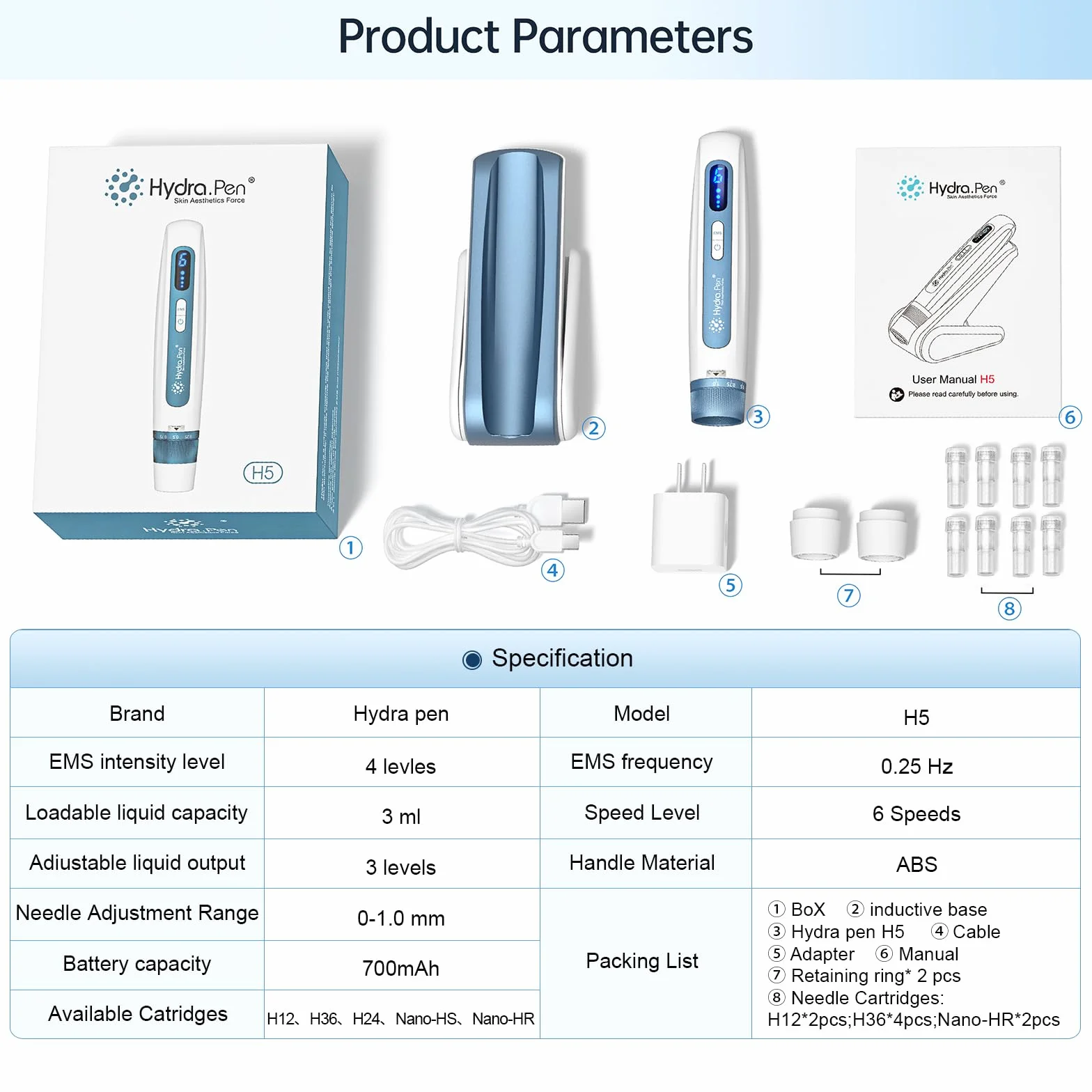 Hydra.pen H5 Dermapen Profesional Pluma de Microagujas Inalámbrica con EMS Microcurrent, 6 Niveles, 8 Cartuchos