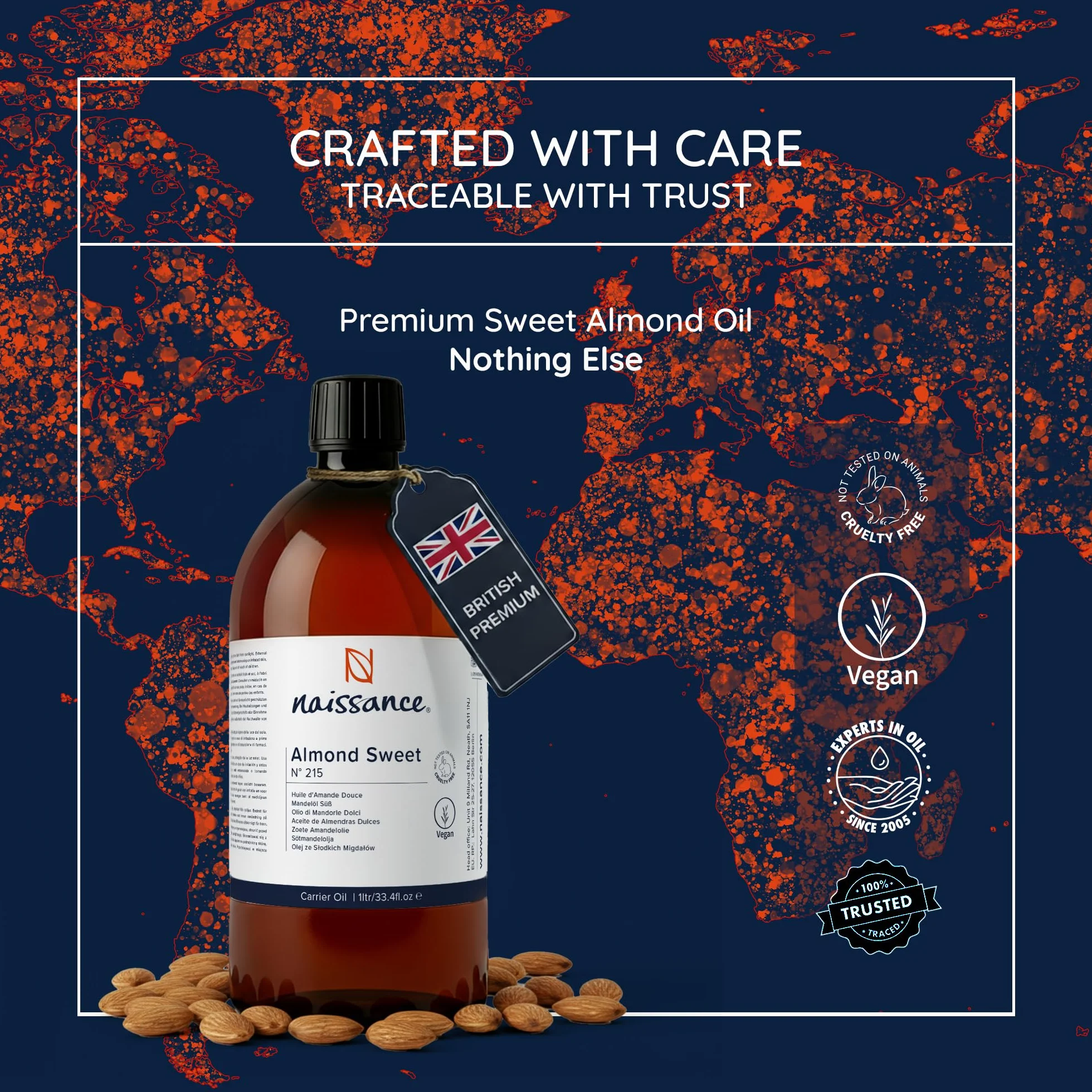Naissance Aceite De Almendras Dulces Prensado en Frio 1L - Hidratante y Emoliente Cuidado Cara, Pelo, Uñas