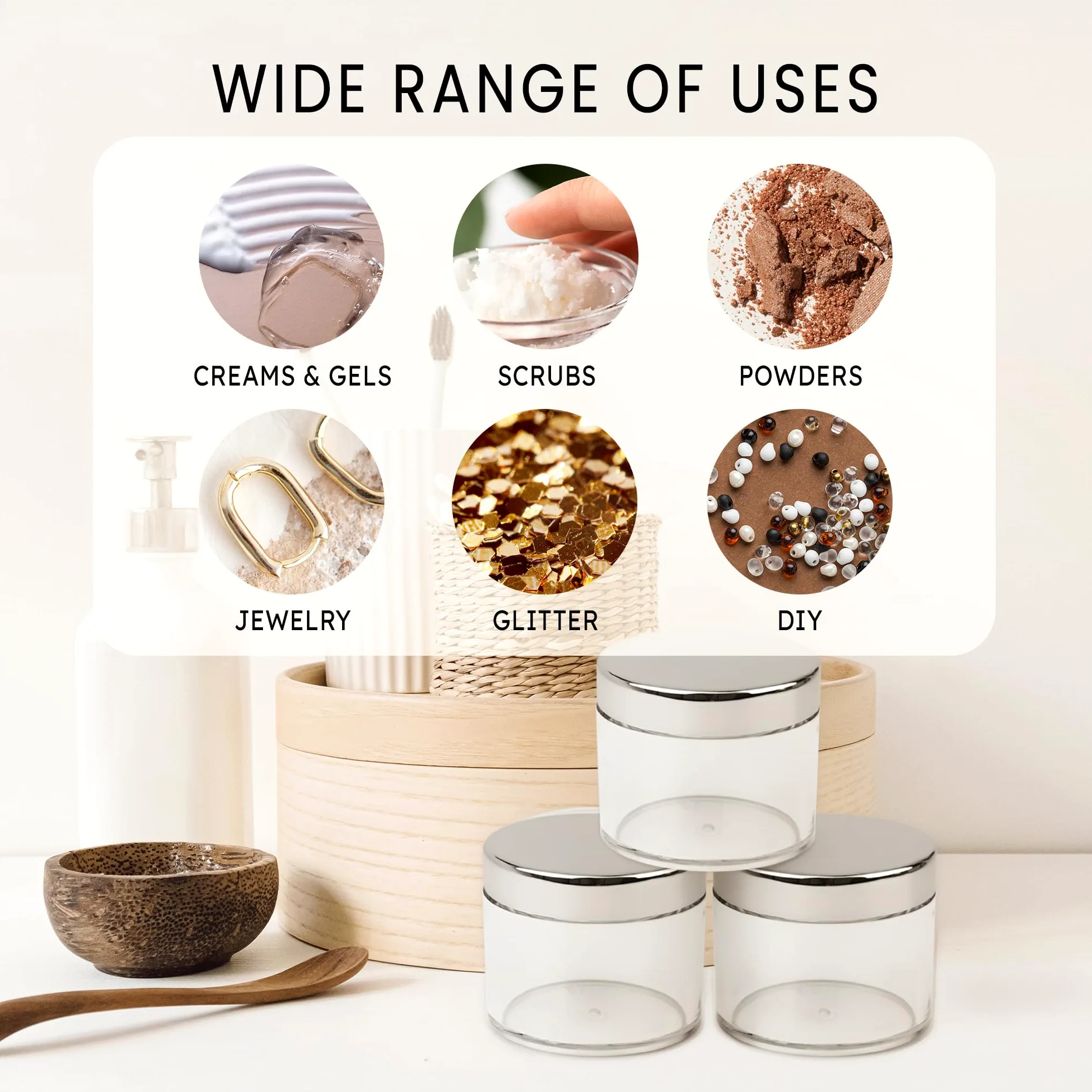 Beauticom 60 g/60 ml Premium redondo transparente a prueba de fugas de plástico frascos para almacenamiento de viaje maquillaje cosmético loción exfoliantes cremas aceites ungüentos plata
