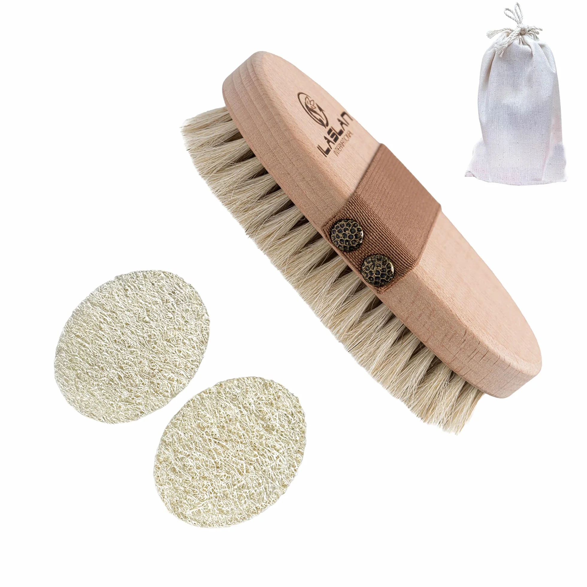 Cepillo corporal de cepillado en seco, exfoliante y limpieza natural de pelo de caballo | Cepillado de piel seca con 2 almohadillas de exfoliación facial de lufa natural | Cerdas suaves para frotar