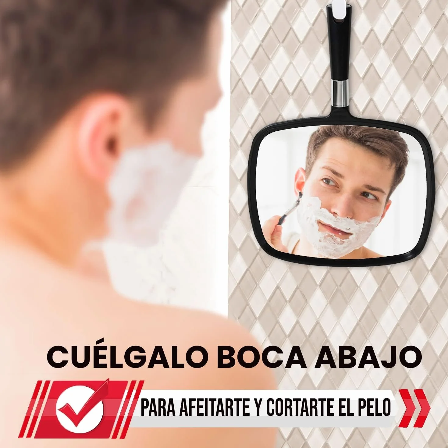 Mirrorvana Espejo de Mano Grande con Asa Modelo Barbero 1 Unidad Rojo