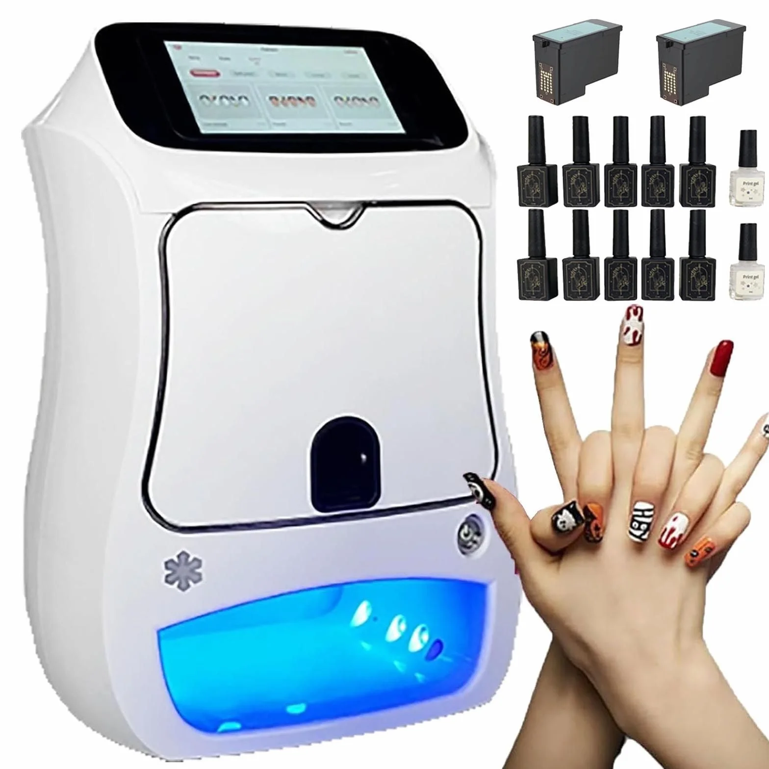 Kit De Impresora De UñAs - Impresora De UñAs 3D Digital MóVil para SalóN Y Hogar-WiFi/DiseñO DIY/Pantalla TáCtil | 10 Esmaltes De Gel + 2 Pegamentos para Pintar + 2 Cartuchos Tinta