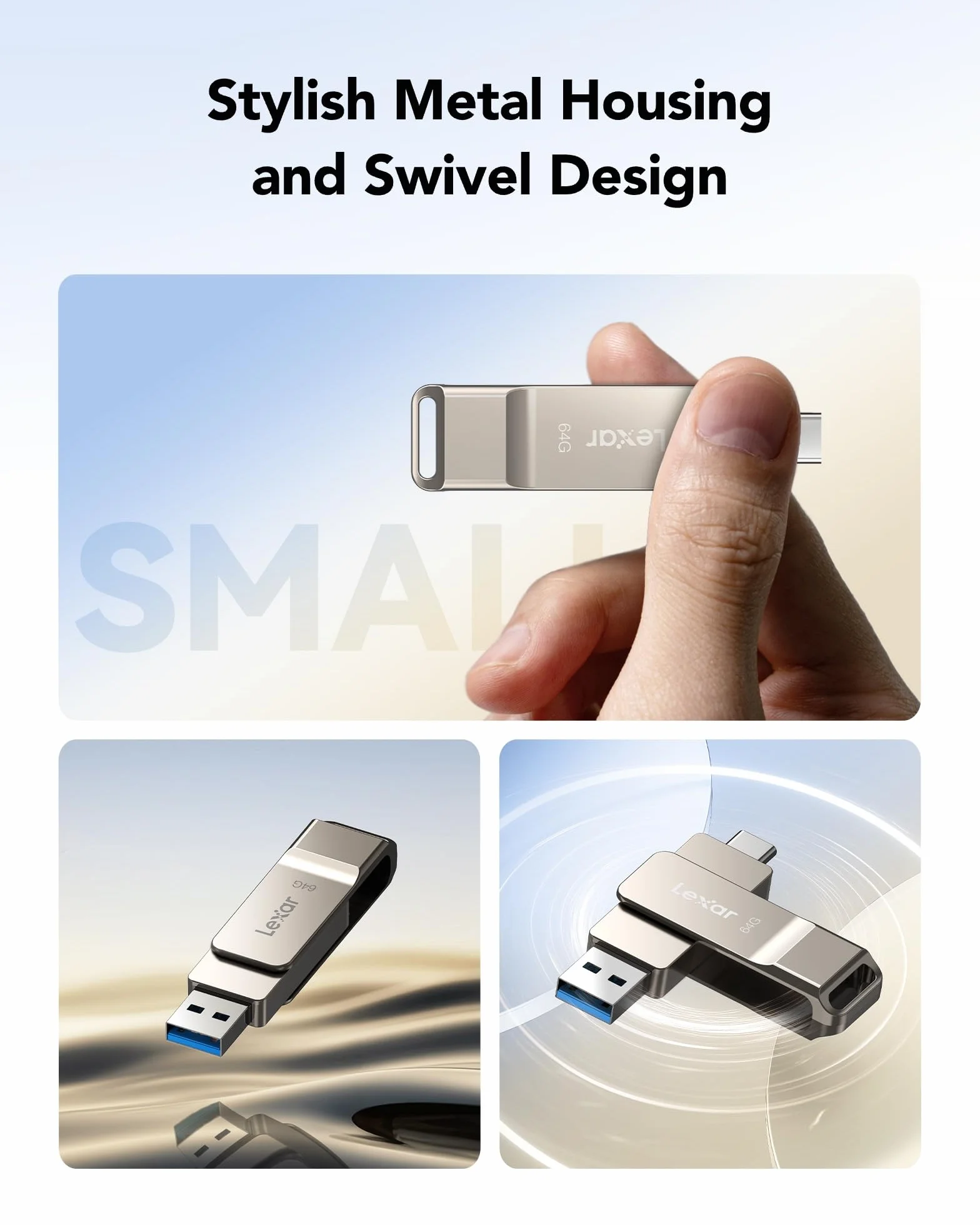 Lexar D40E Unidad Flash Dual USB Tipo-C 64GB USB 3.2 Gen 1 Carcasa de Metal Plateado