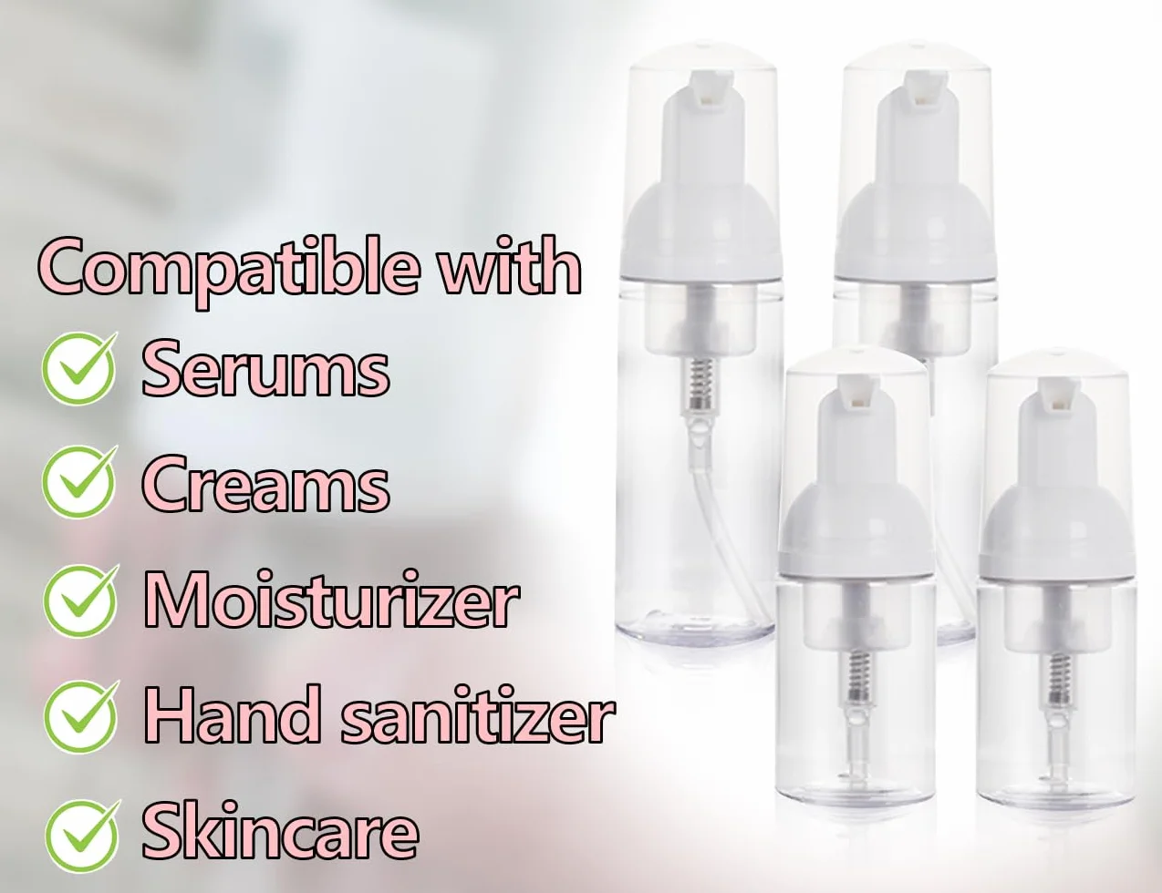 KAPSING Paquete de 4 botellas vacías transparentes de tamaño de viaje, dispensador sin aire de plástico vacío, botella con bomba de espuma de 50 ml * 2 y botella dispensadora de viaje de 30 ml * 2