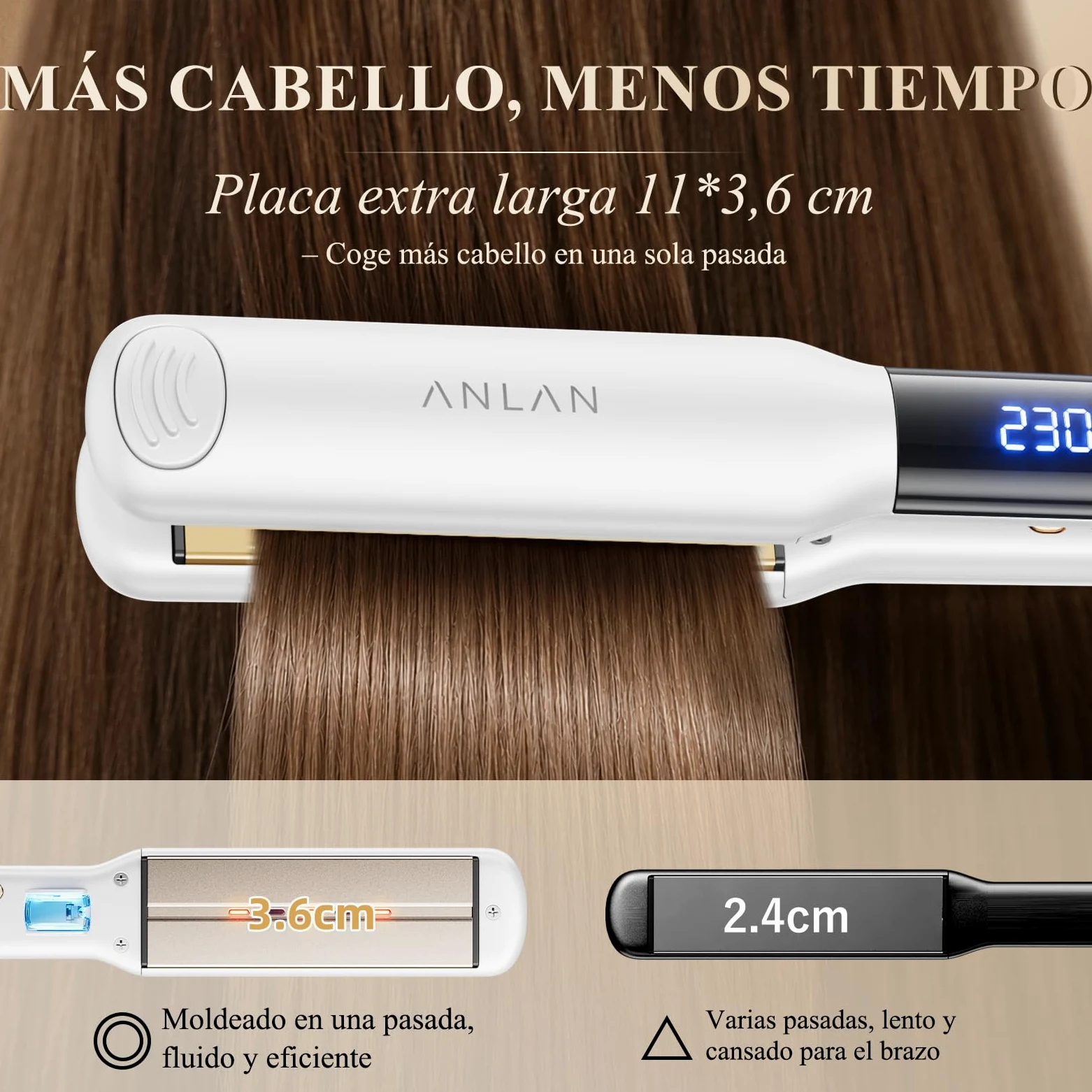 ANLAN Plancha de pelo iónica con luz roja, placas cerámicas flotantes 3D de 36 mm, Rápido 15s, 14 niveles, pantalla LCD, profesional e inteligente