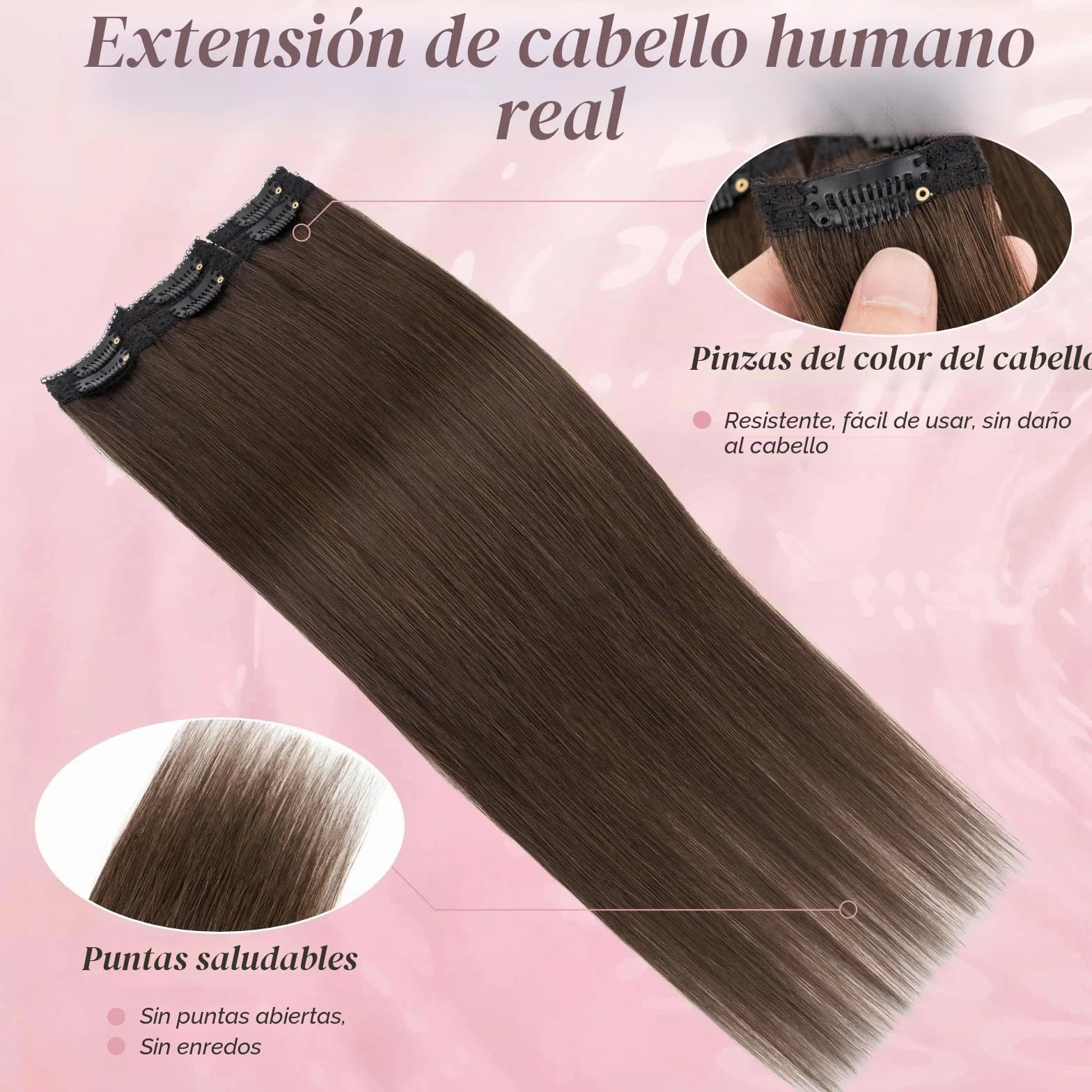 Extensiones de Pelo Natural Clip 25cm Liso Hair Extensions Human Hair #02 Marrón Oscuro 31g 6 Piezas