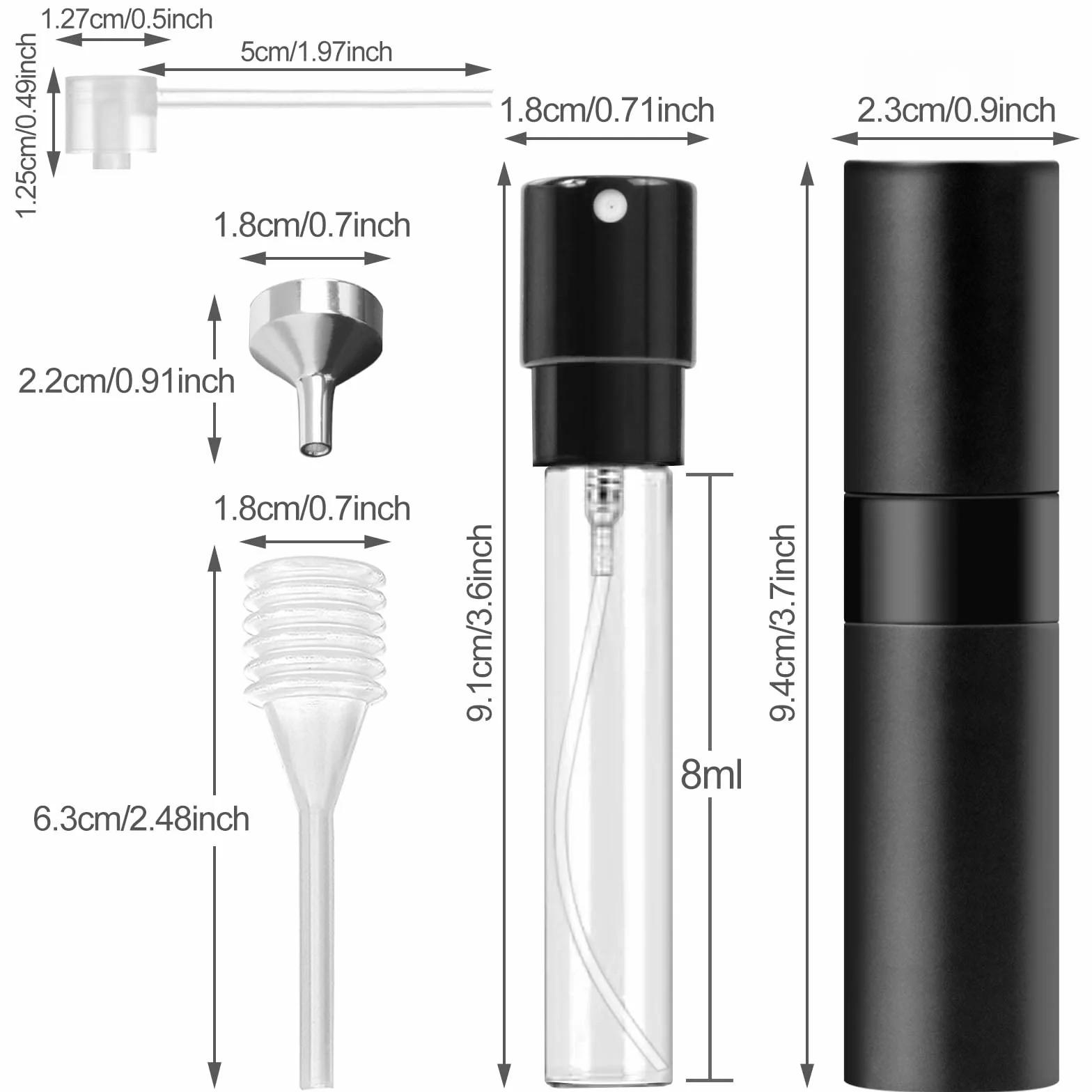 Redamancy Atomizador Perfume Recargable 8ml Pulverizador Perfume Portátil Botella Vacía con Pipeta y Embudo Negro