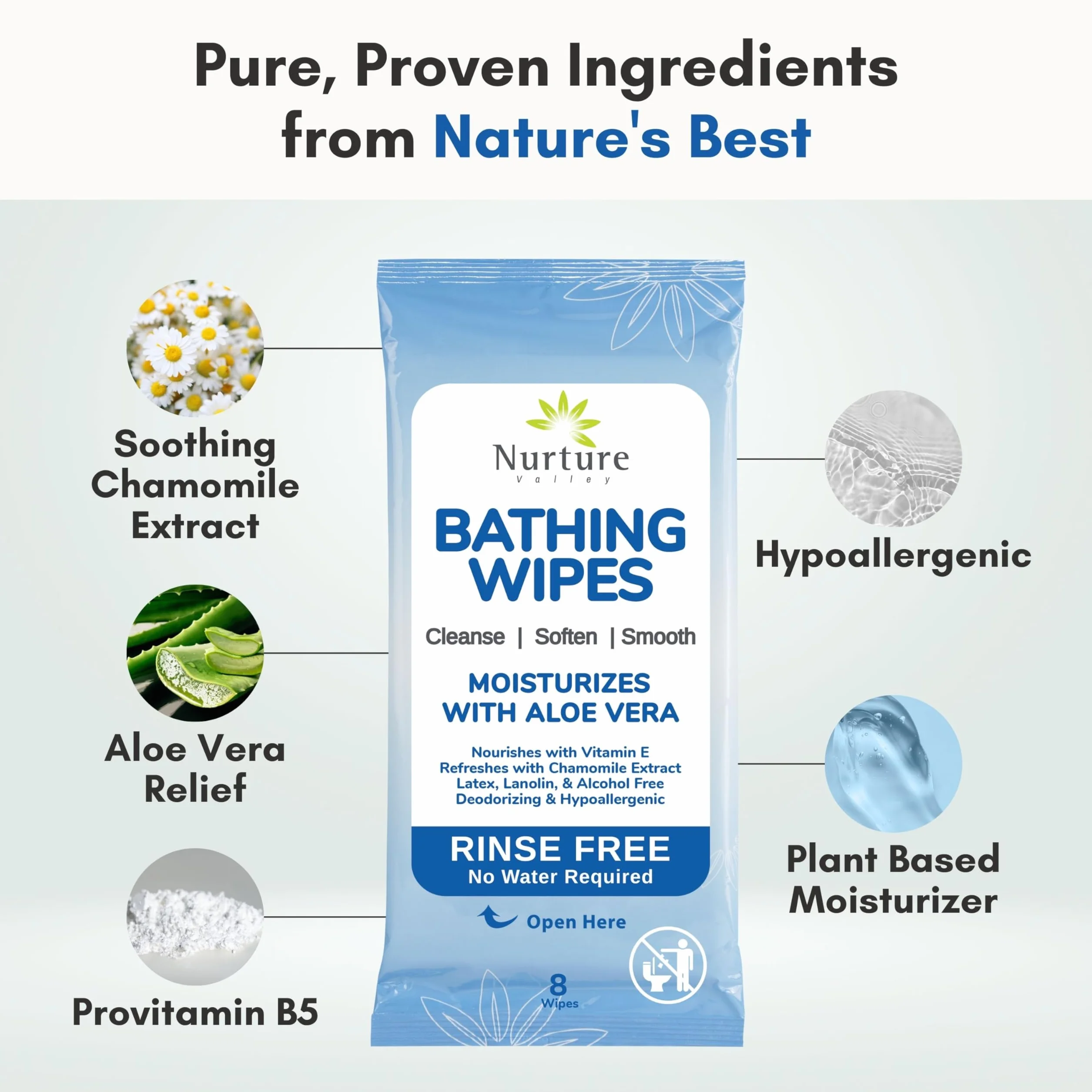 Nurture Valley Toallitas de Baño Sin Enjuague | 192 Paños de Baño para Adultos Aptos para Microondas con Aloe Vera y Vitamina E - Toallitas de Baño Limpiadoras Sin Agua - 24 Paquetes de 8 Toallitas