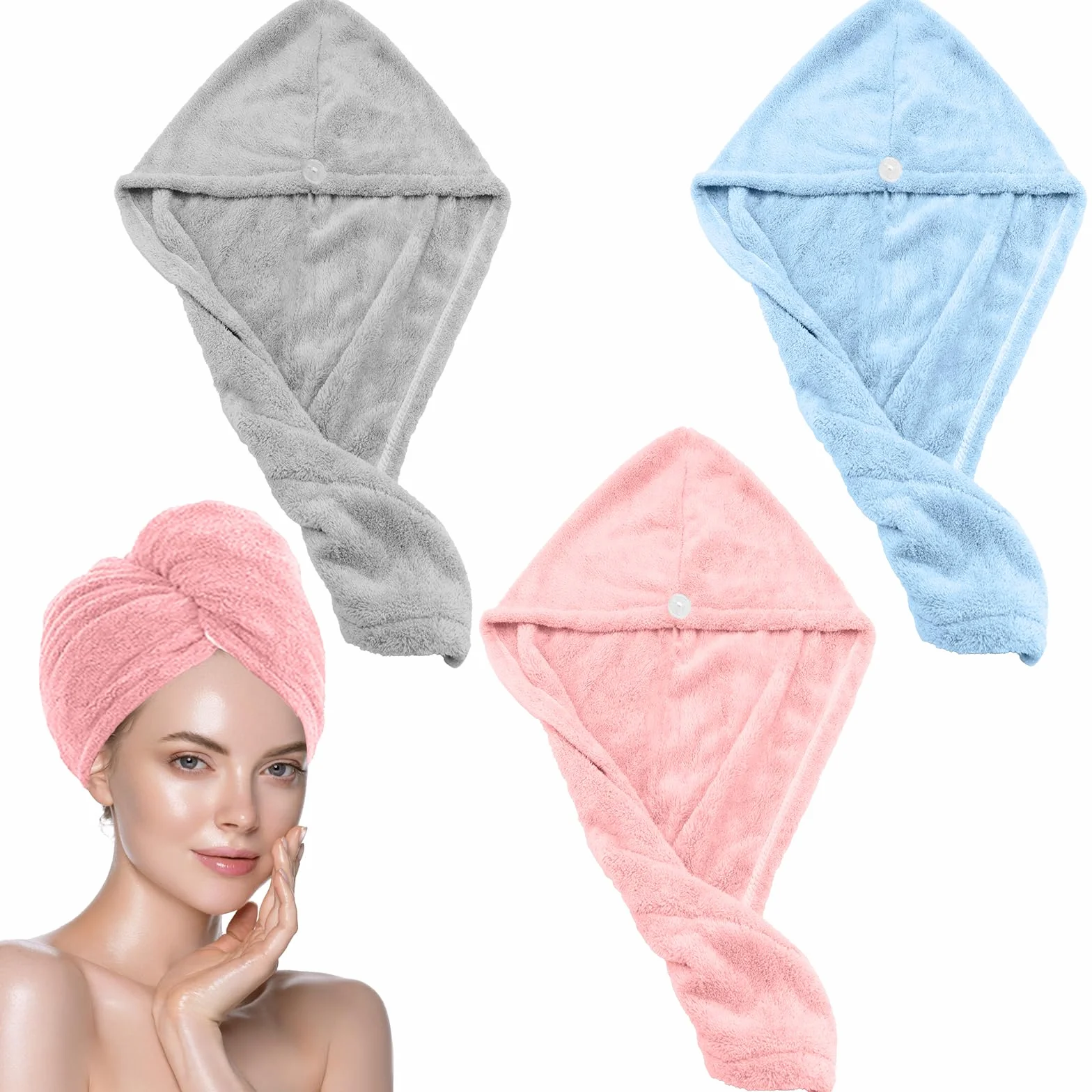 KASURE Toalla Microfibra Pelo 3 Piezas Gris Azul Rosa Gorras Botones Secado Rapido Anti Frizz