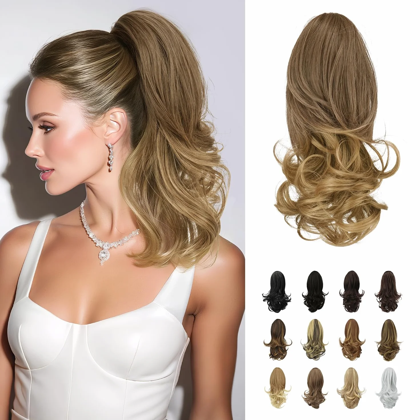 Sofeiyan 13" Ponytail Extension de Cola de Caballo Larga Rizada con Clip Cabello Sintetico Aspecto Natural Castano Medio Mechas Rubias Miel