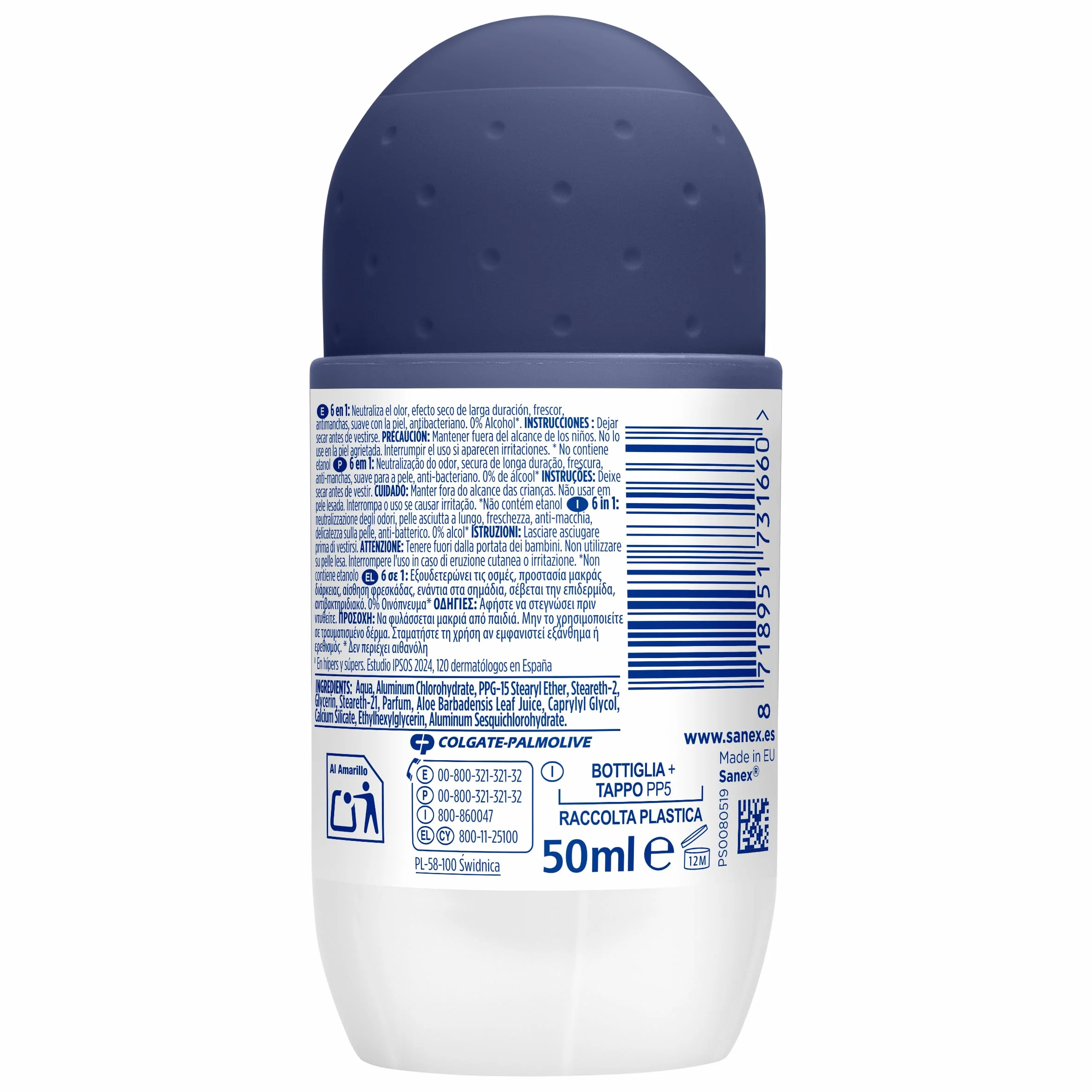 Sanex Men Active Control Desodorante Roll-On para Hombre, Pack 6 x 50 ml, Antitranspirante 48H