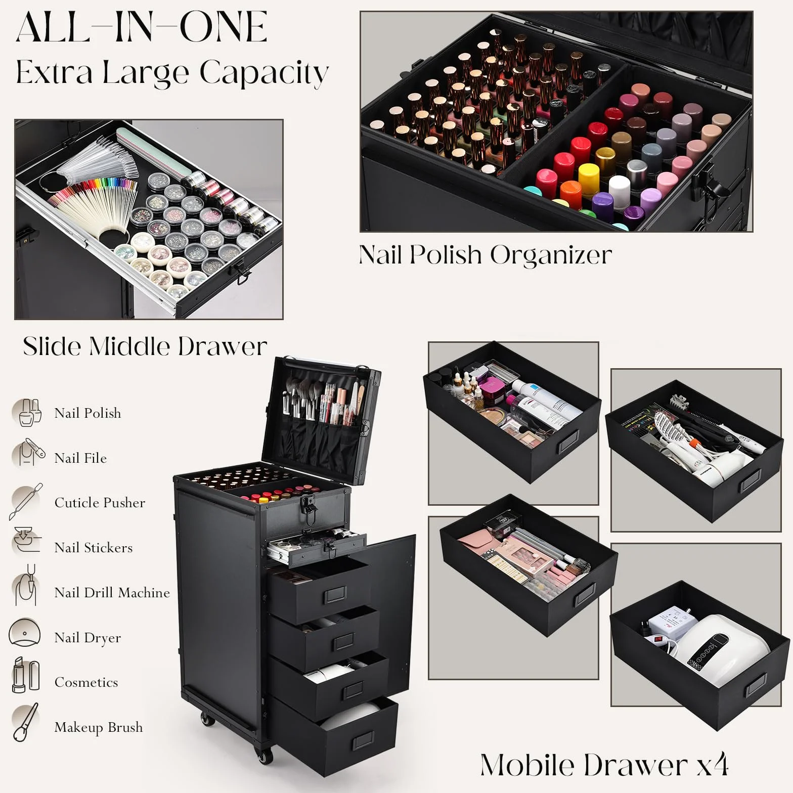 Maleta de Maquillaje con Mesa y 5 cajones Maletín de Maquillaje Profesional con Ruedas Caja Maquillaje Maleta Peluquería Grande Mesa de Manicura móvil Trolley Maquillaje, Negro