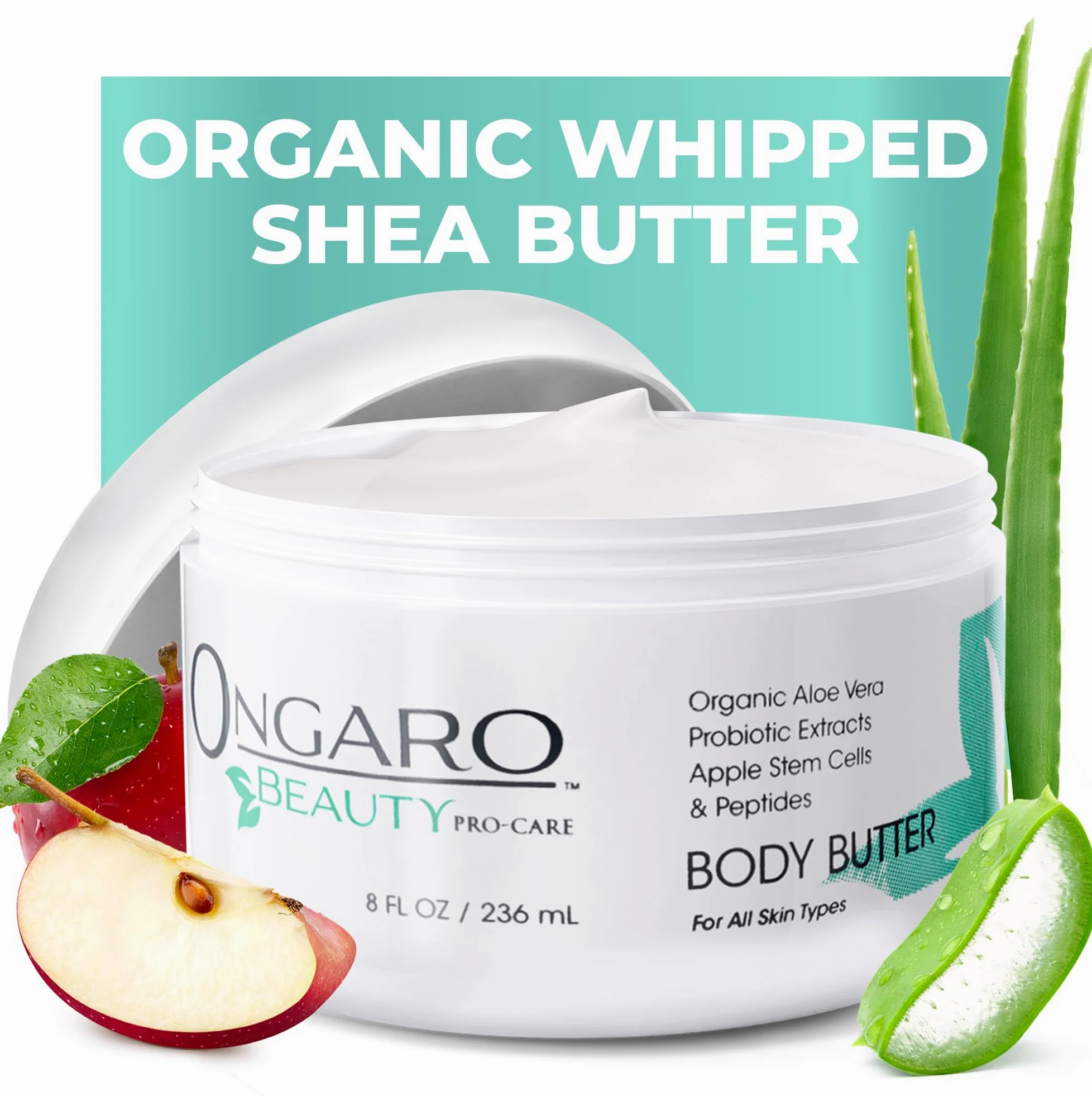 La Manteca Corporal Orgánica de Ongaro Restaura, Suaviza e Hidrata la Piel Seca, Aroma Fresco y Limpio; con Tecnología Probiótica, Aloe Vera, Células Madre de Manzana, Péptidos y Vitamina C y E; 8 oz