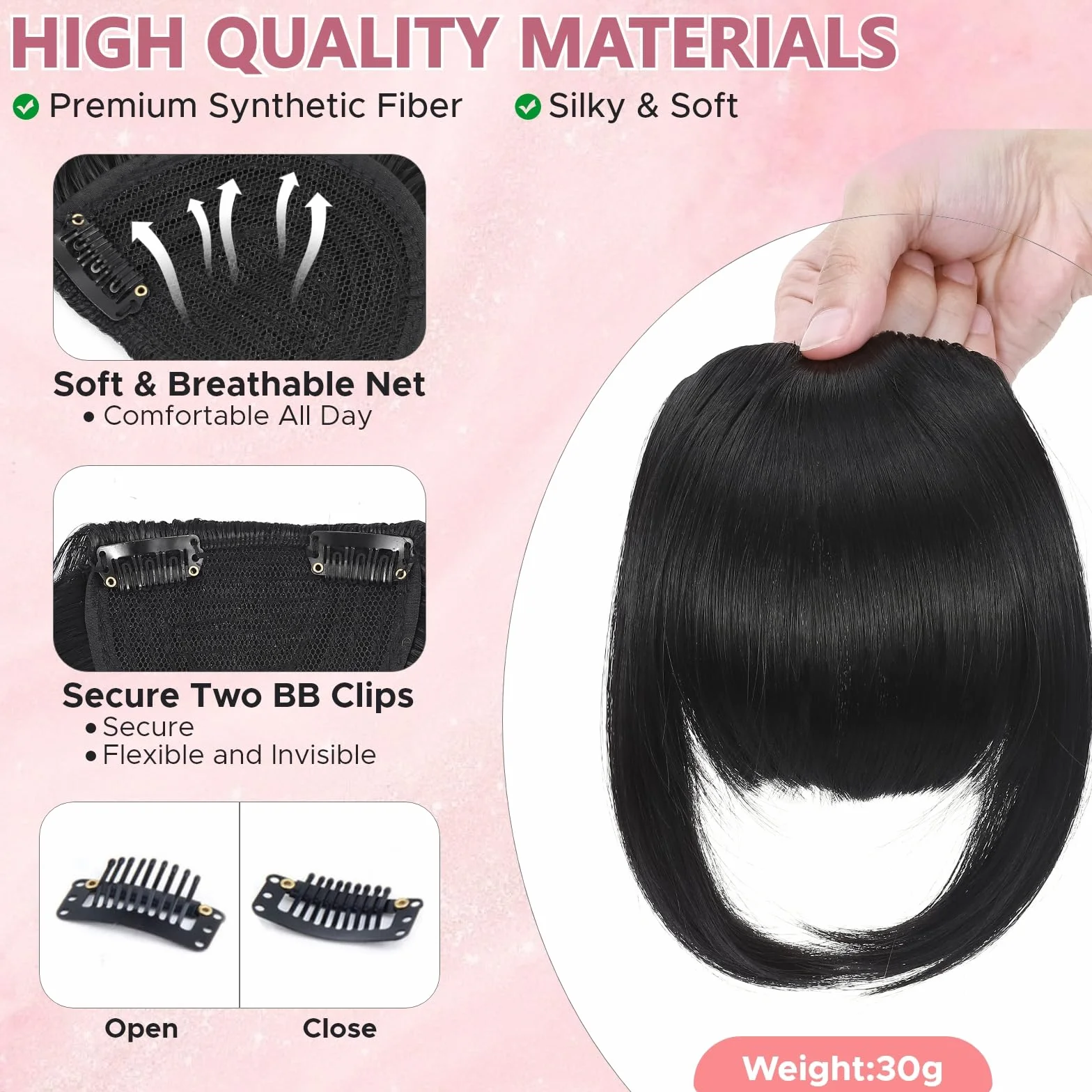 Benehair Flequillo Postizo Pelo Natural Clip Invisible 30g Negro