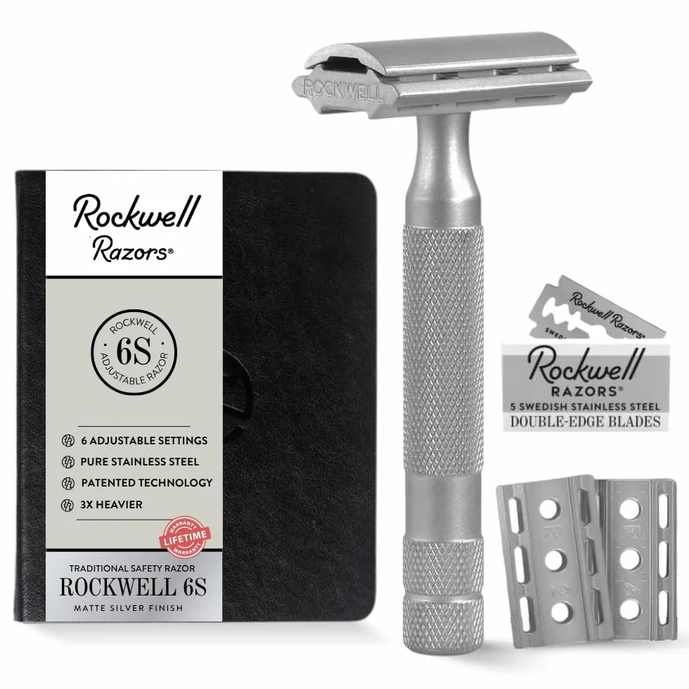 Rockwell Razors 6S Stainless Steel Adjustable Double Edge Safety Razor with 5 Swedish Blades