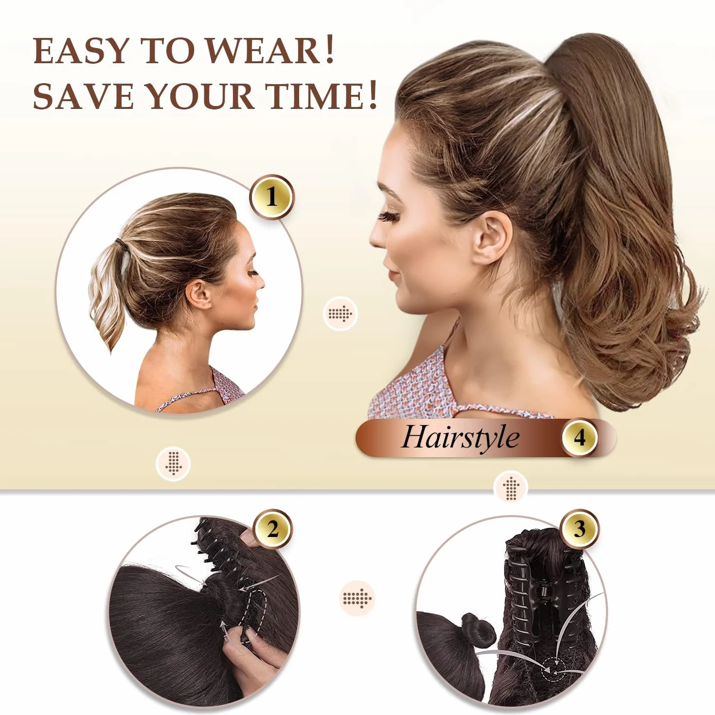 Sofeiyan 13" Ponytail Extension de Cola de Caballo Larga Rizada con Clip Cabello Sintetico Aspecto Natural Castano Medio Mechas Rubias Miel