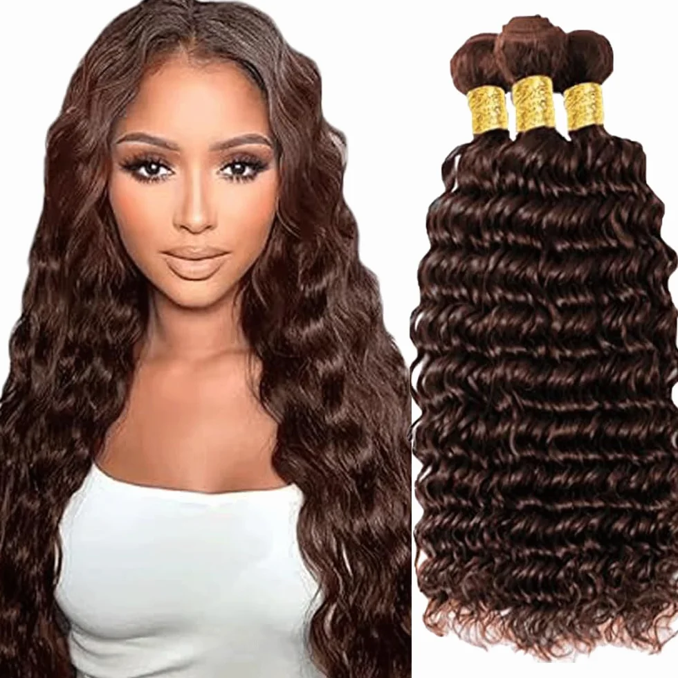 Peluca de onda profunda para mujer, extensiones de cabello humano sin procesar brasileño virgen humano, #4, marrón chocolate, paquete con una cobertura mínima para mujeres de 30, 32 a 34