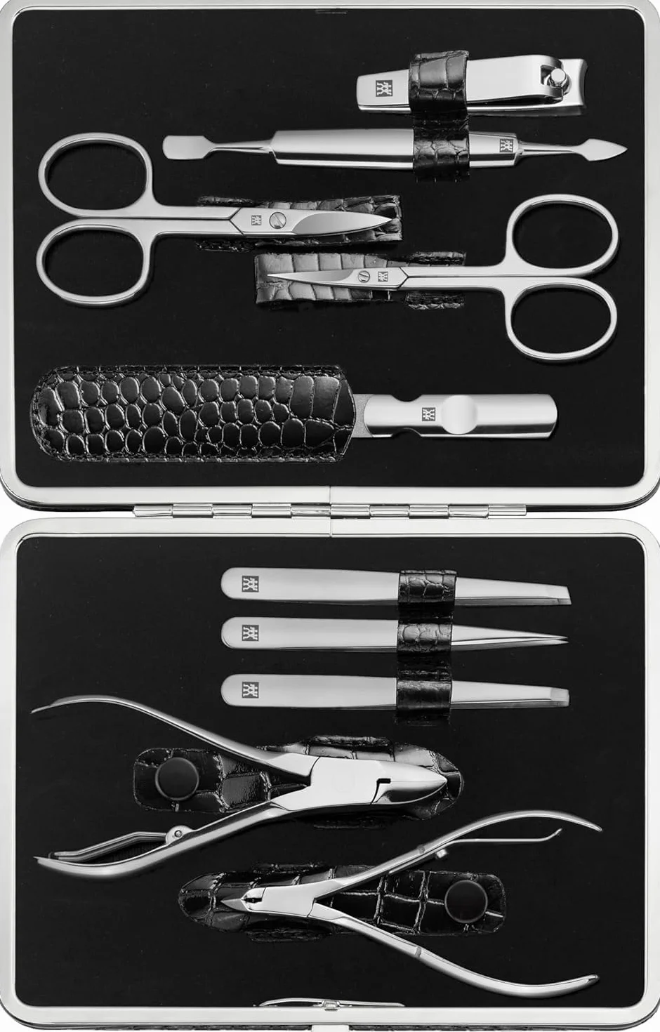 ZWILLING Set de manicura (10 piezas, set completo para uñas de manos y pies, estuche de piel auténtica con marco metálico), acero inoxidable pulido, edición cocodrilo, negro