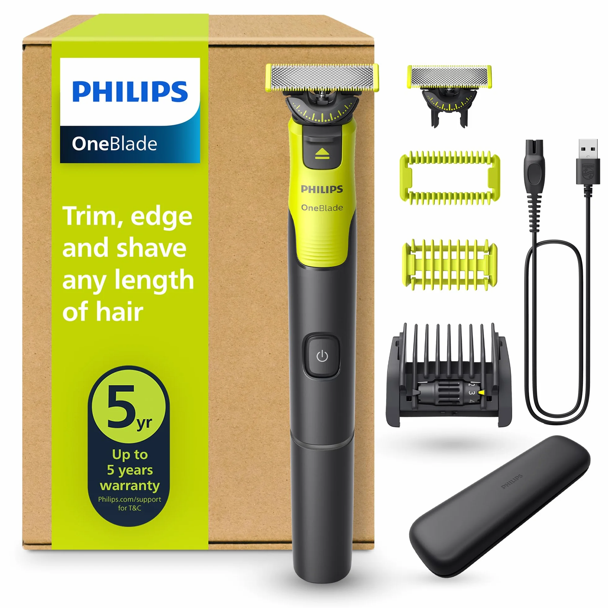 Philips OneBlade 360 Auténtico Barbero Afeitadora Recortadora Eléctrica Facial Corporal Conectado Cuchilla 360 Peine Ajustable 5en1 Kit Corporal Estuche Viaje QP4631/65