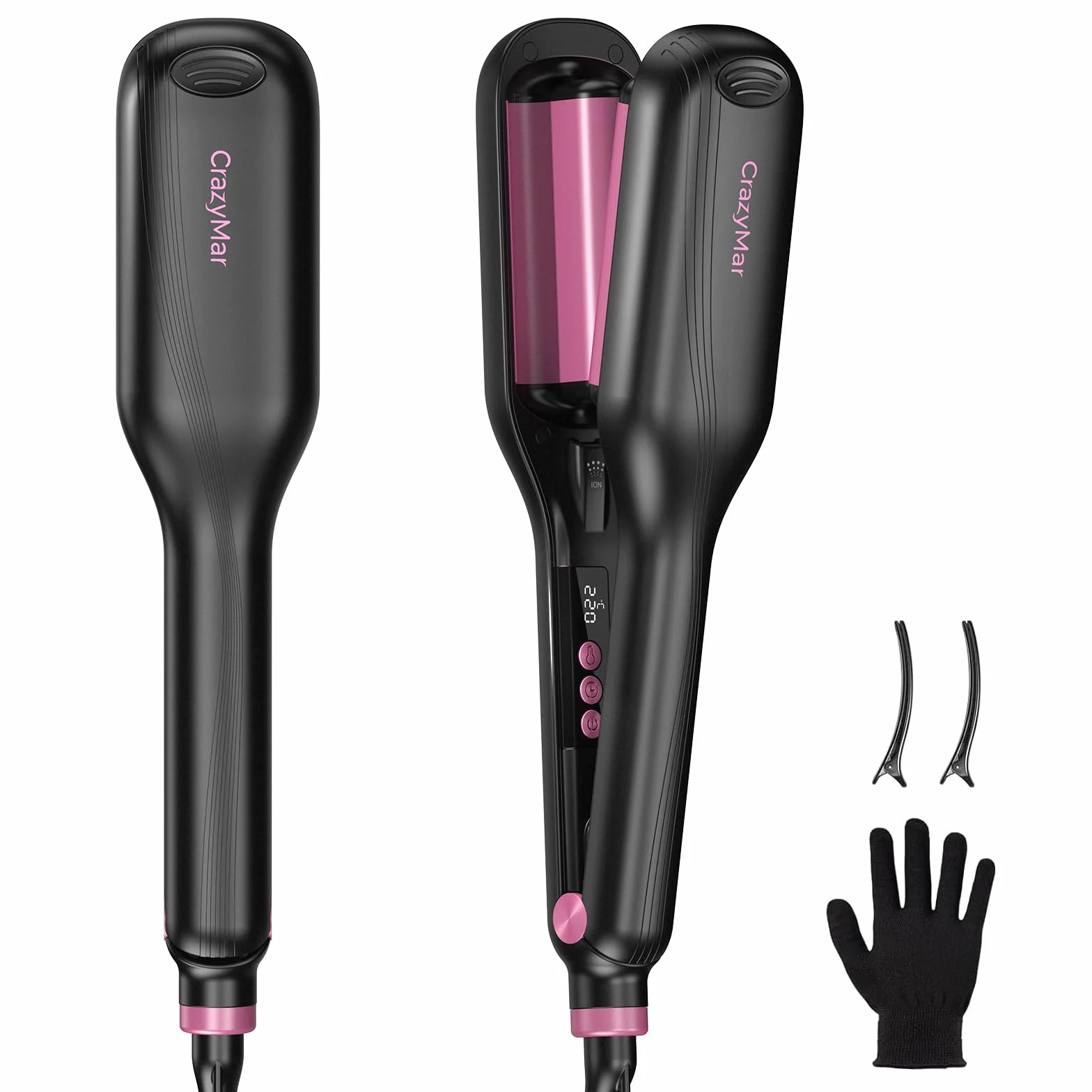 CrazyMar Rizador de Pelo Ondas, 25mm Plancha Ondas Surferas-Calentamiento Rápido 15s, Ondulador de Pelo Iónico con 9 Temperaturas + 4 Temporizadores, Fijación 24h y Antiquemaduras, Pantalla LED
