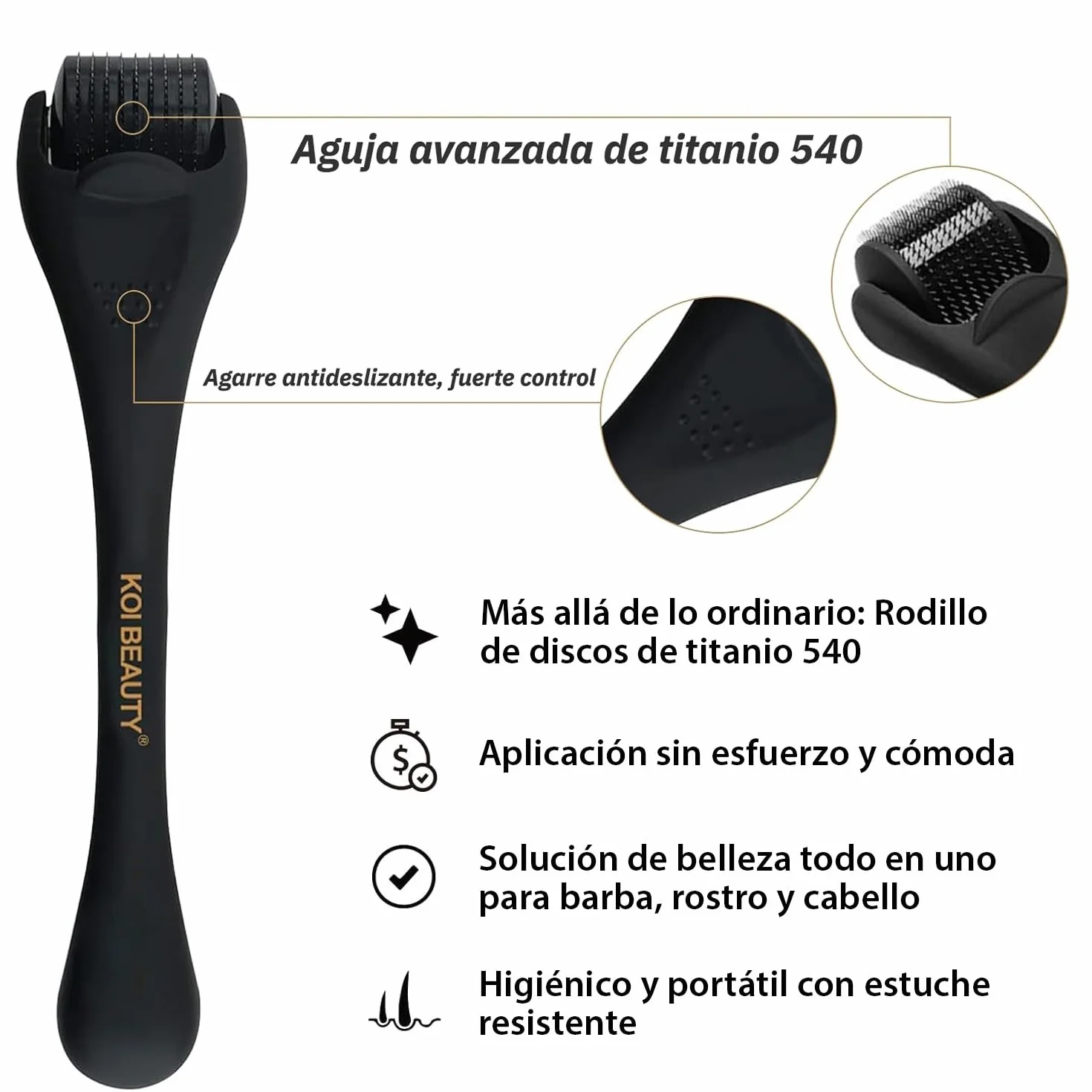 KOI BEAUTY Derma Roller 0.5 mm 540 agujas de titanio Microneedling Roller para barba y cabello Negro mate