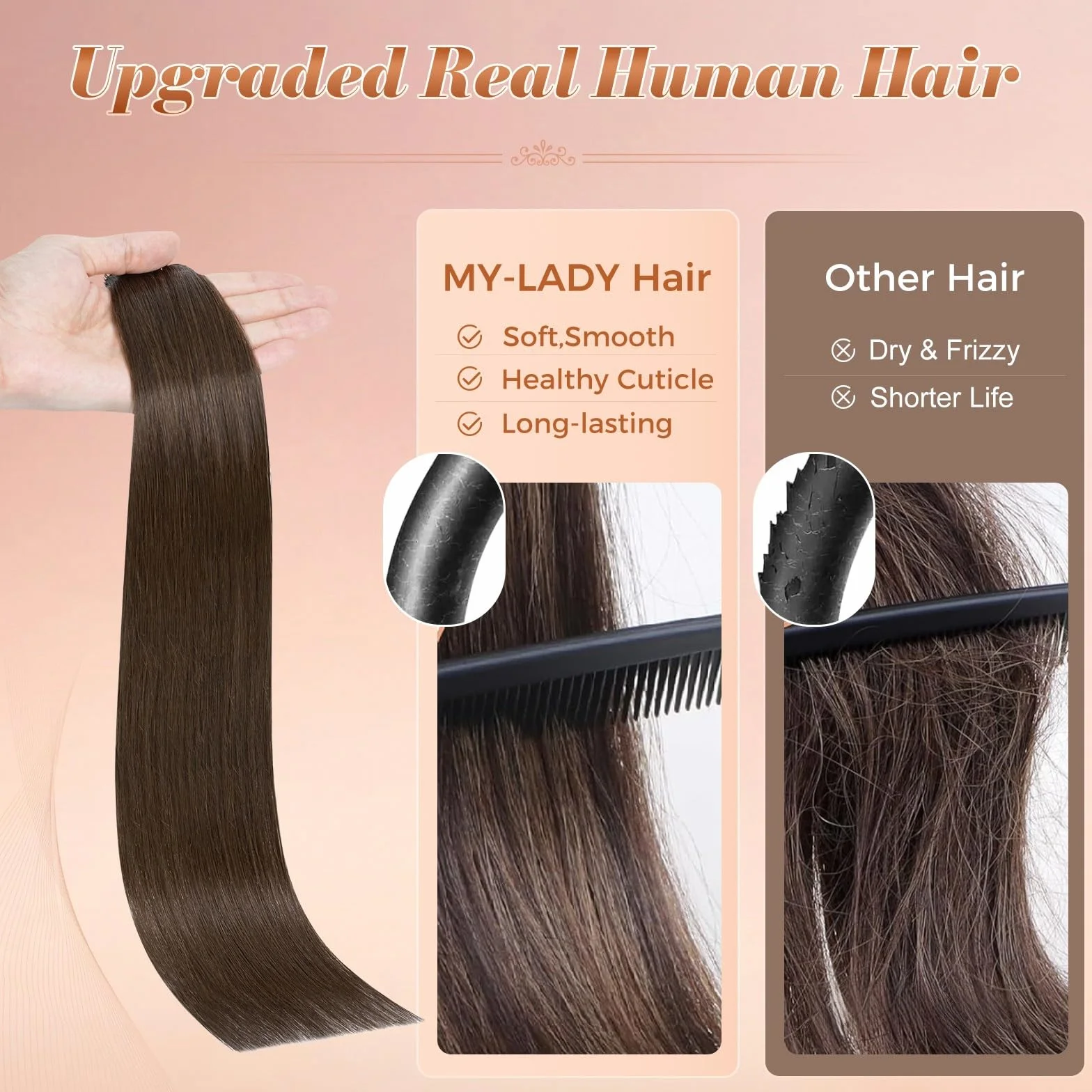 MY-LADY 10Piezas Extensiones Cabello Humano Natural Liso 50cm #02 Marrón Oscuro 25g