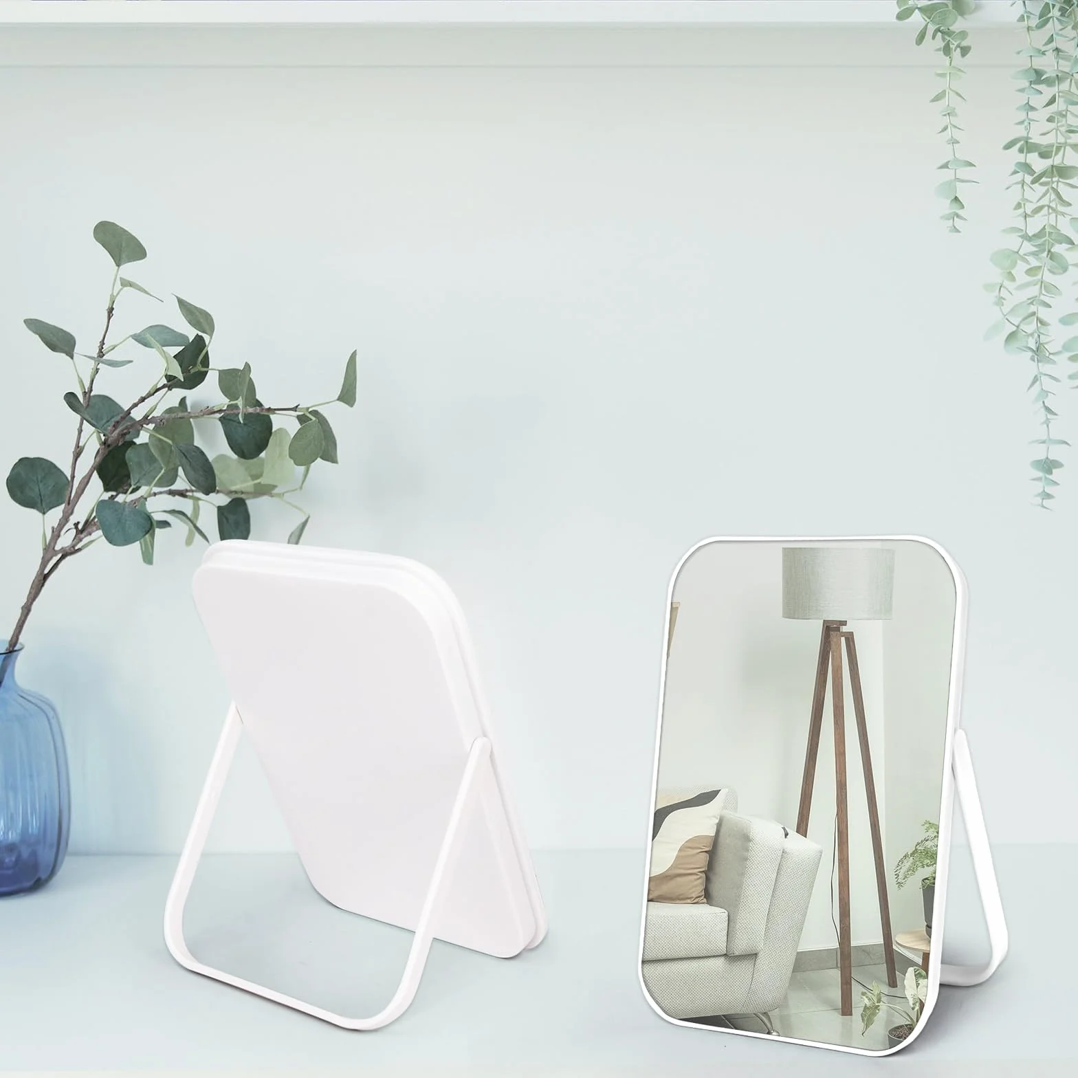 Espejo de maquillaje portátil 8 pulgadas soporte ajustable 180° blanco