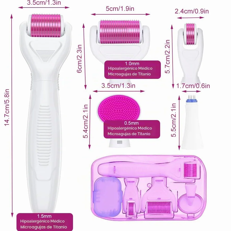 Derma Roller 6 en 1 Microneedle Roller 0.5mm+1mm+1.5mm para Cara y Cuerpo Microneedling Anti-Edad