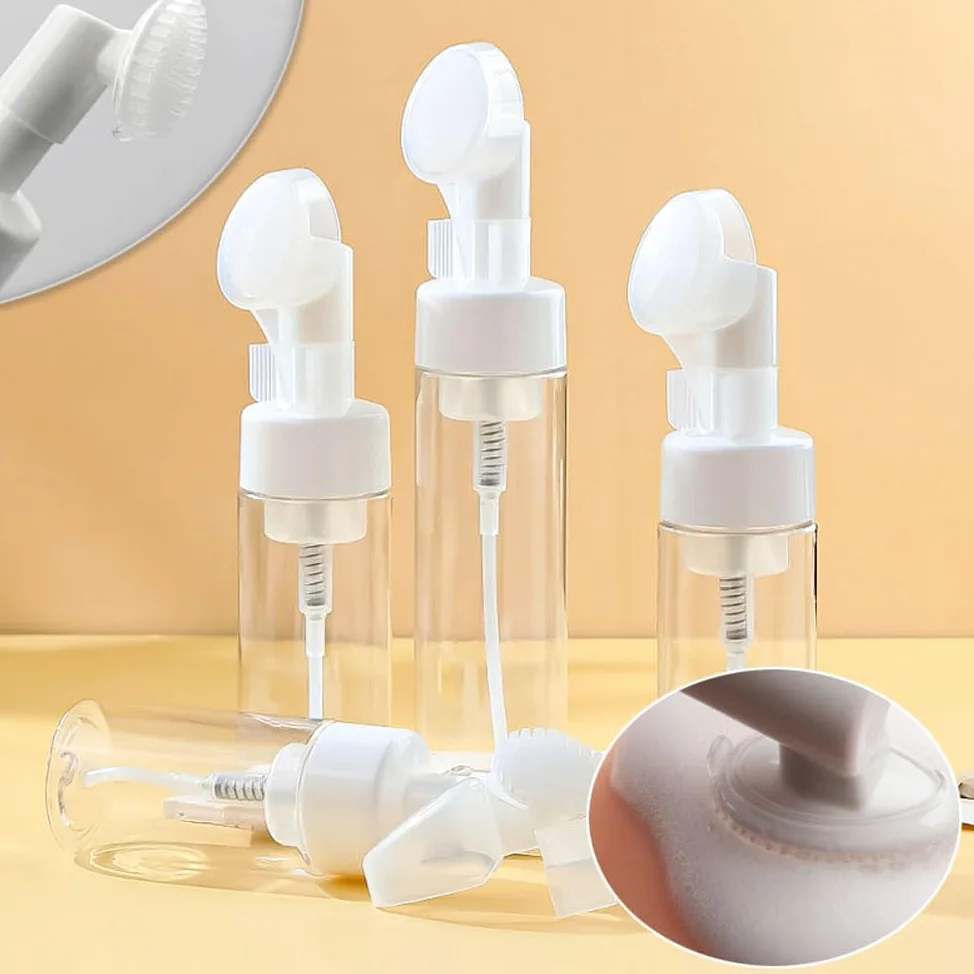 50 botellas vacías de jabón espumoso de espuma de gel con cepillo de presión de silicona, dispensador de espuma facial recargable, contenedor recargable (transparente, 100 ml)