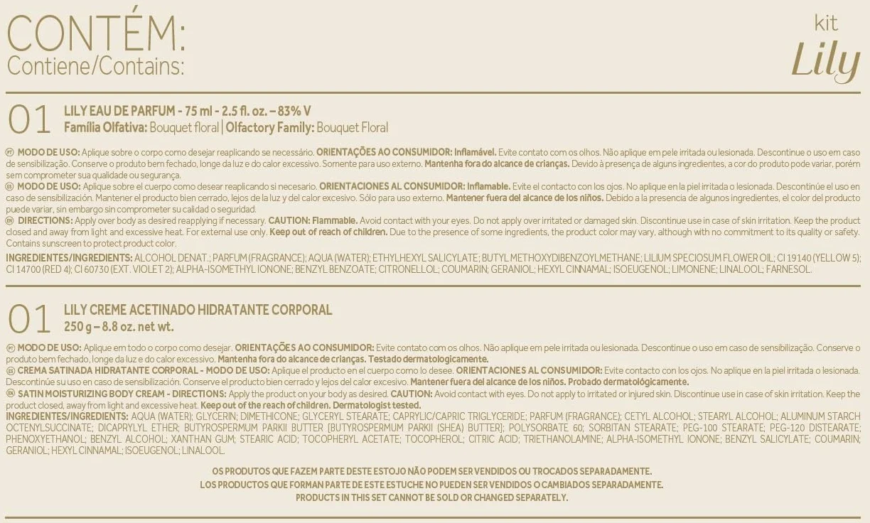 O Boticário Lily Coffret Regalo Set Perfume y Cuidado de la Piel con 2 Productos en Caja Beige | Lily Crema Hidratante Corporal Perfumada Satinado 250g y Lily Perfume Eau de Parfum EDP 75ml