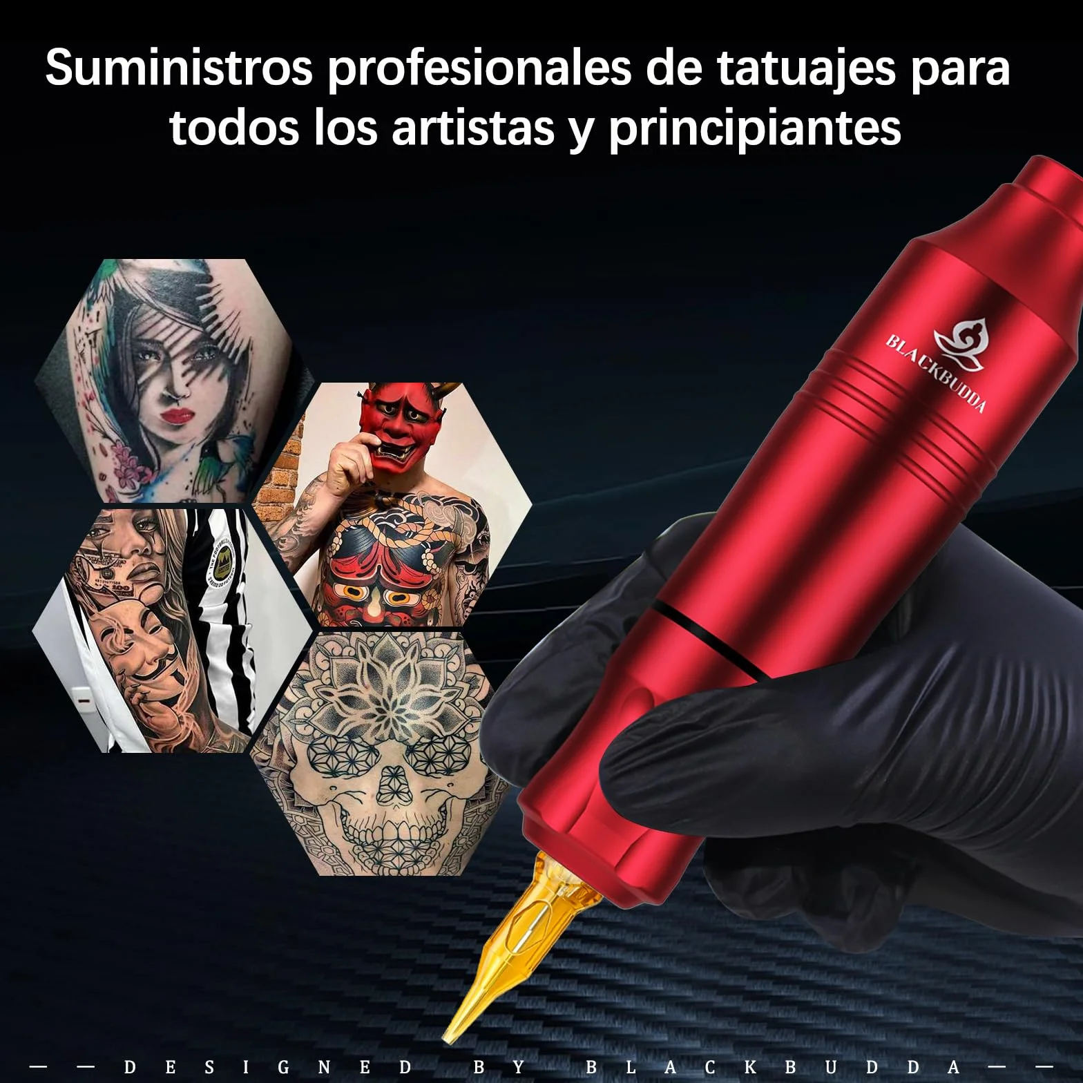 Blackbudda Maquina de Tatuar, Kit de máquina de tatuaje rotativa estilo pluma con suministro de energía, pedal y pigmento, 20pcs agujas de cartucho Kit de práctica de maquillaje (rojo)