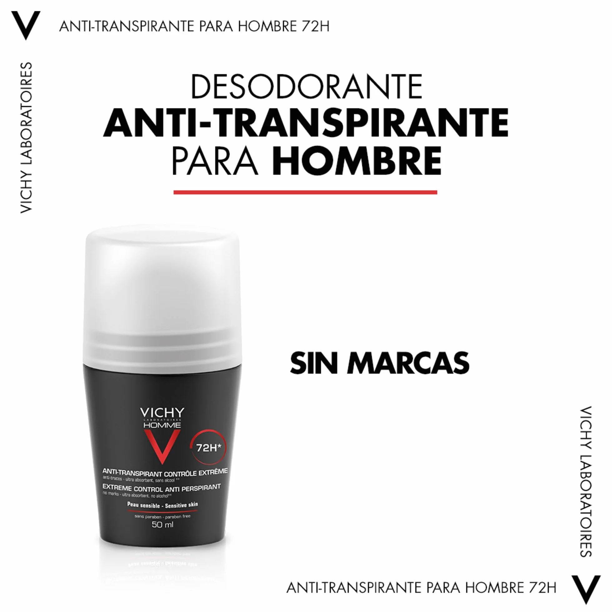 Vichy Homme Desodorante Roll-On Anti-Transpirante 72 H 50 ml Paquete de 4
